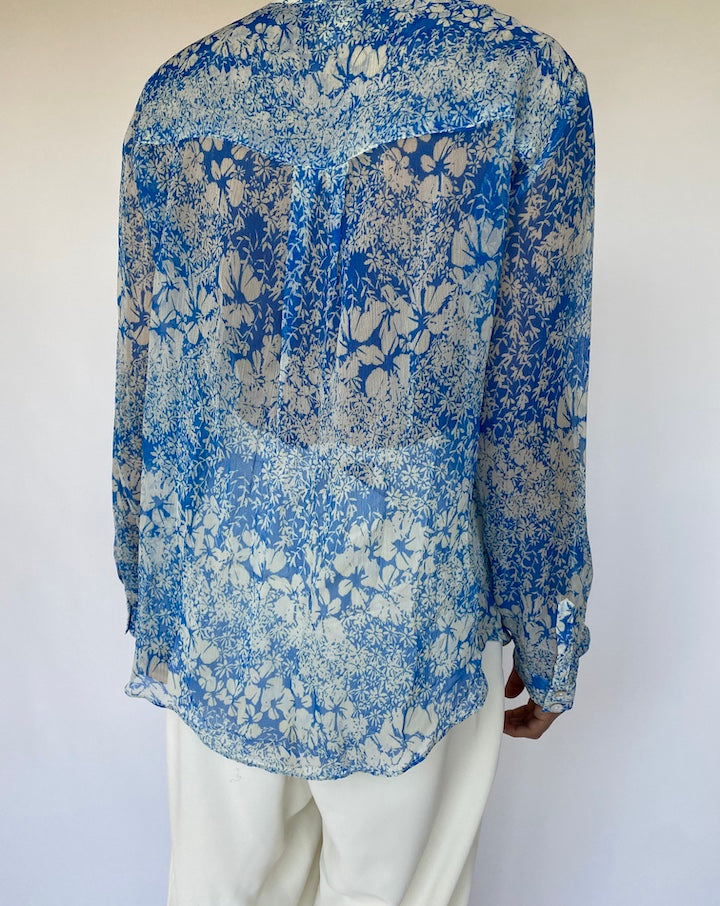 VINTAGE BLUE AND WHITE SILK BLOUSE 1093
