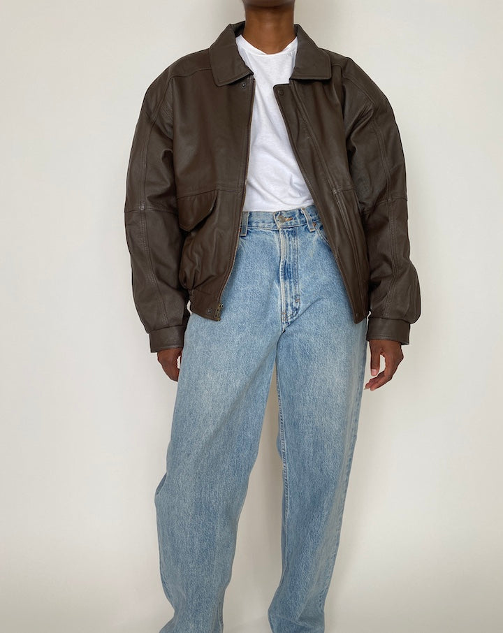 VINTAGE BOXY BROWN LEATHER JACKET 3930