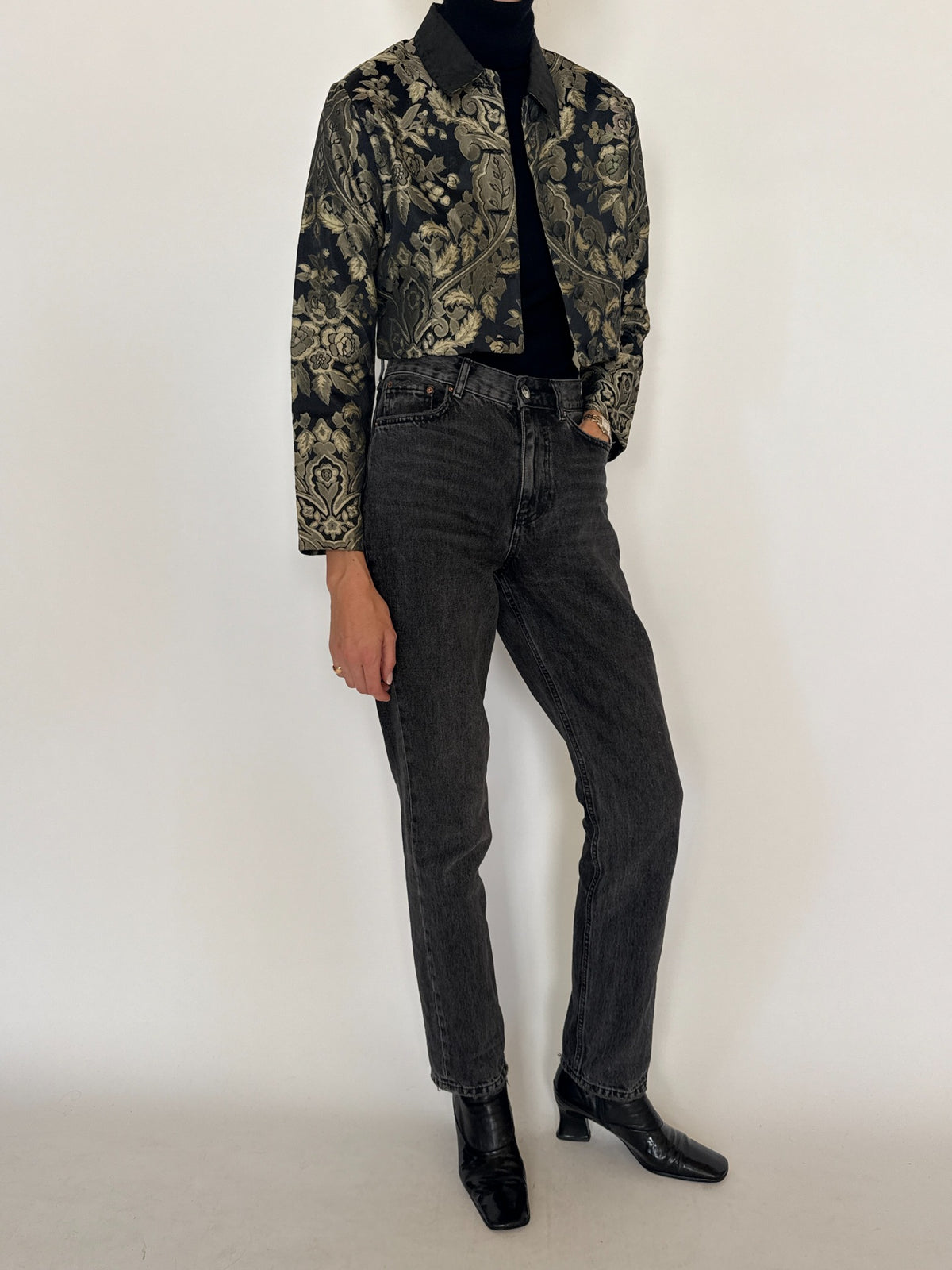 Vintage cropped black and gold floral brocade jacket