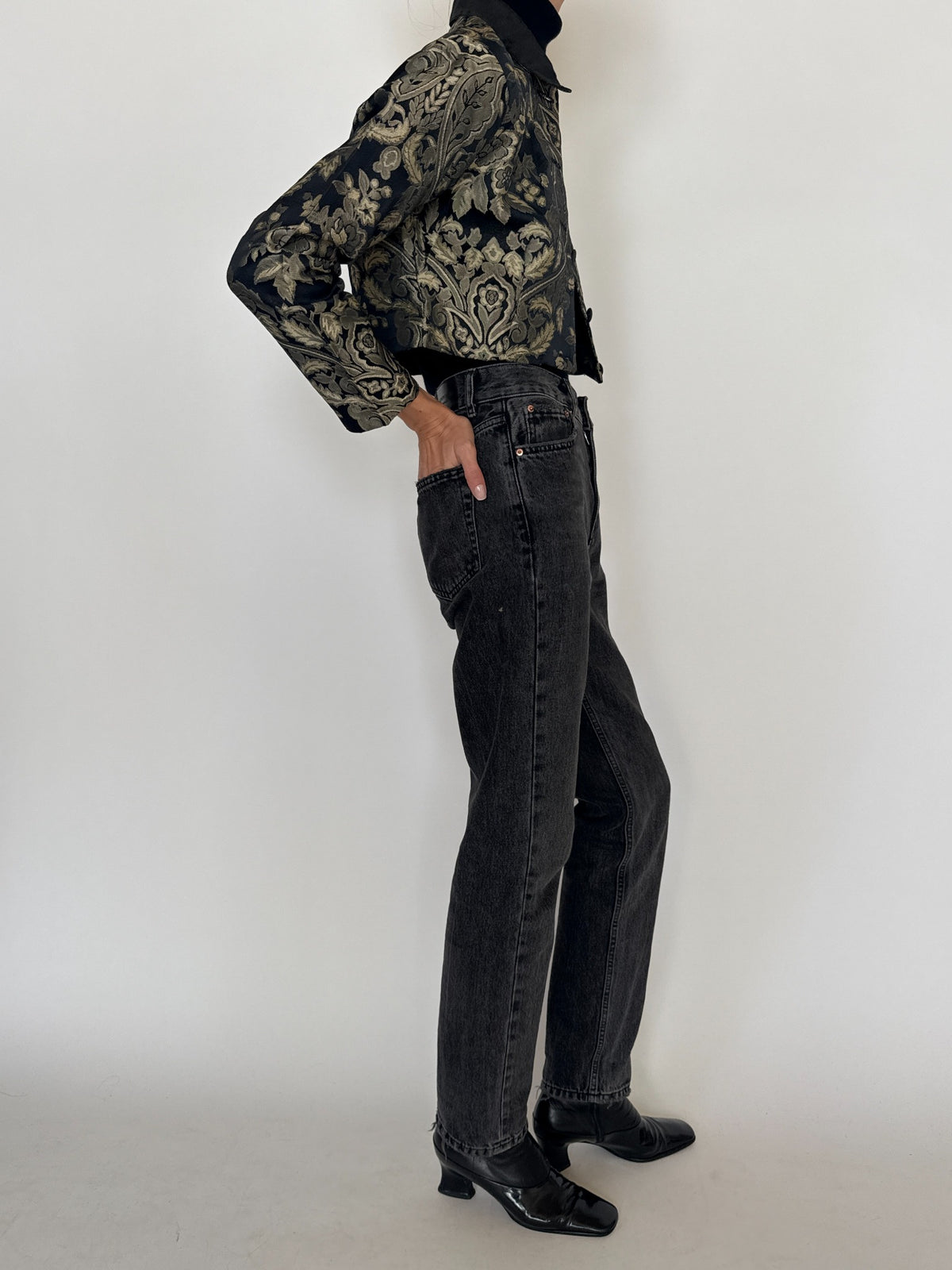 Vintage cropped black and gold floral brocade jacket