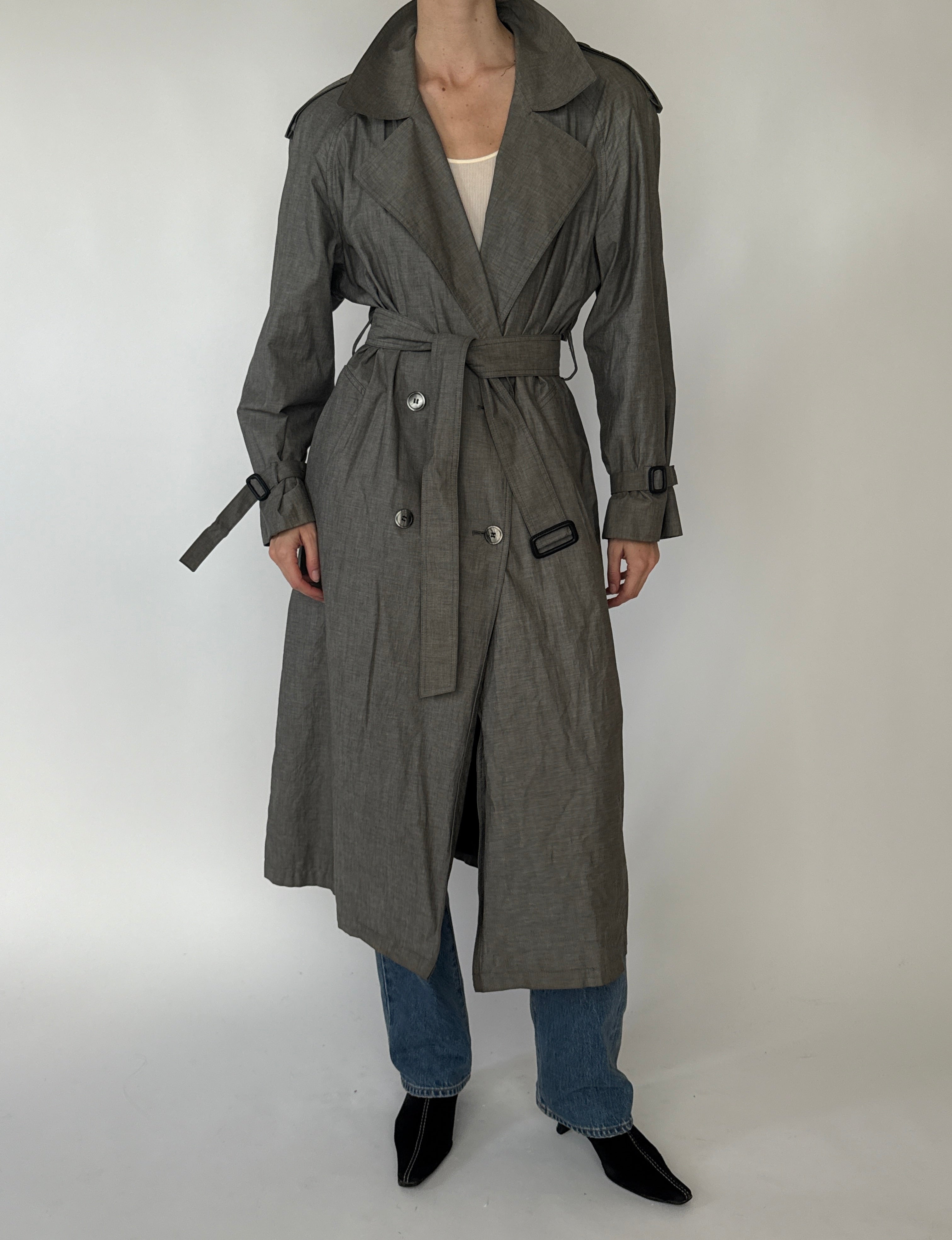 Vintage taupe gray trench coat front view
