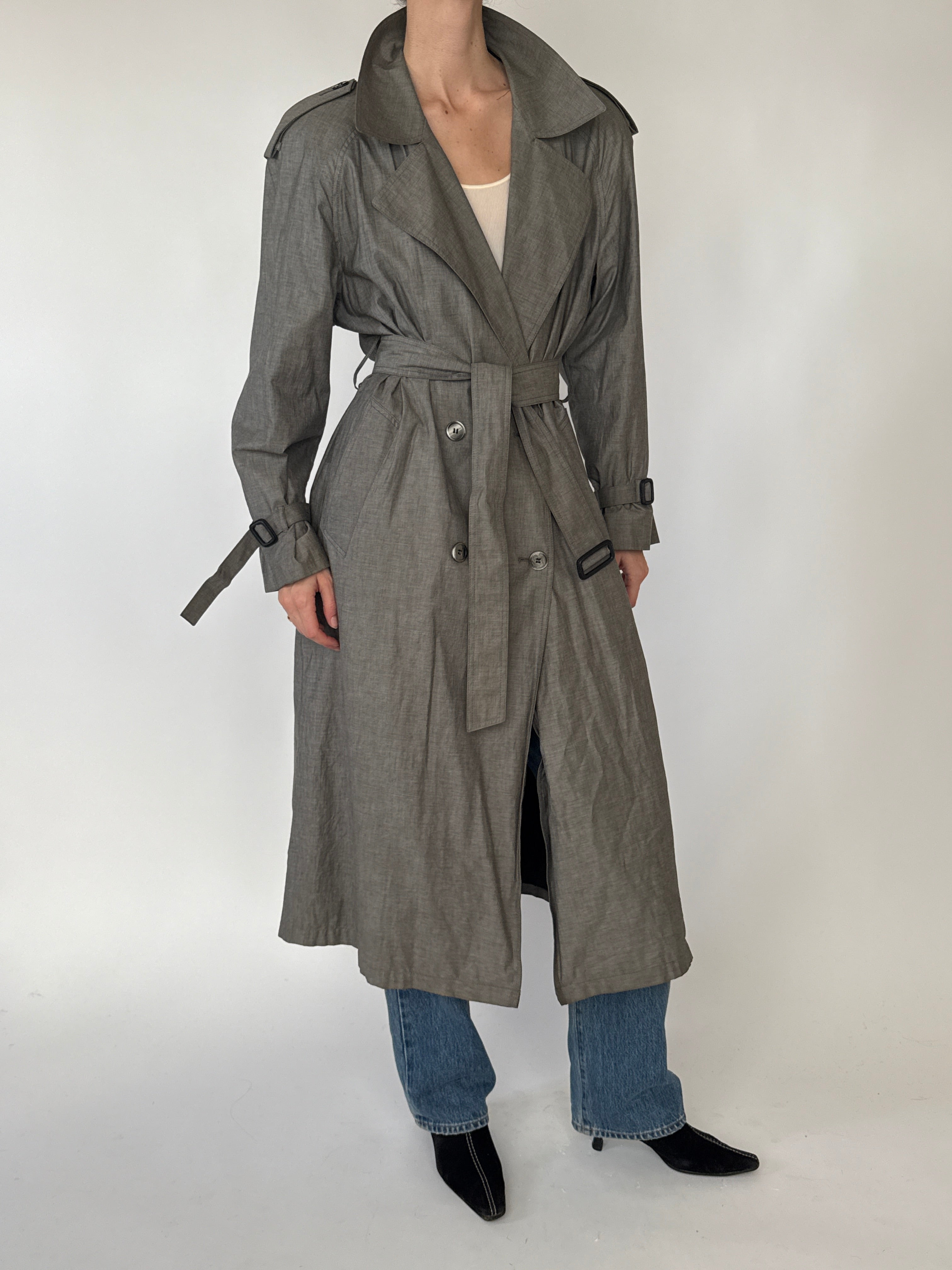 Vintage taupe gray trench coat side view