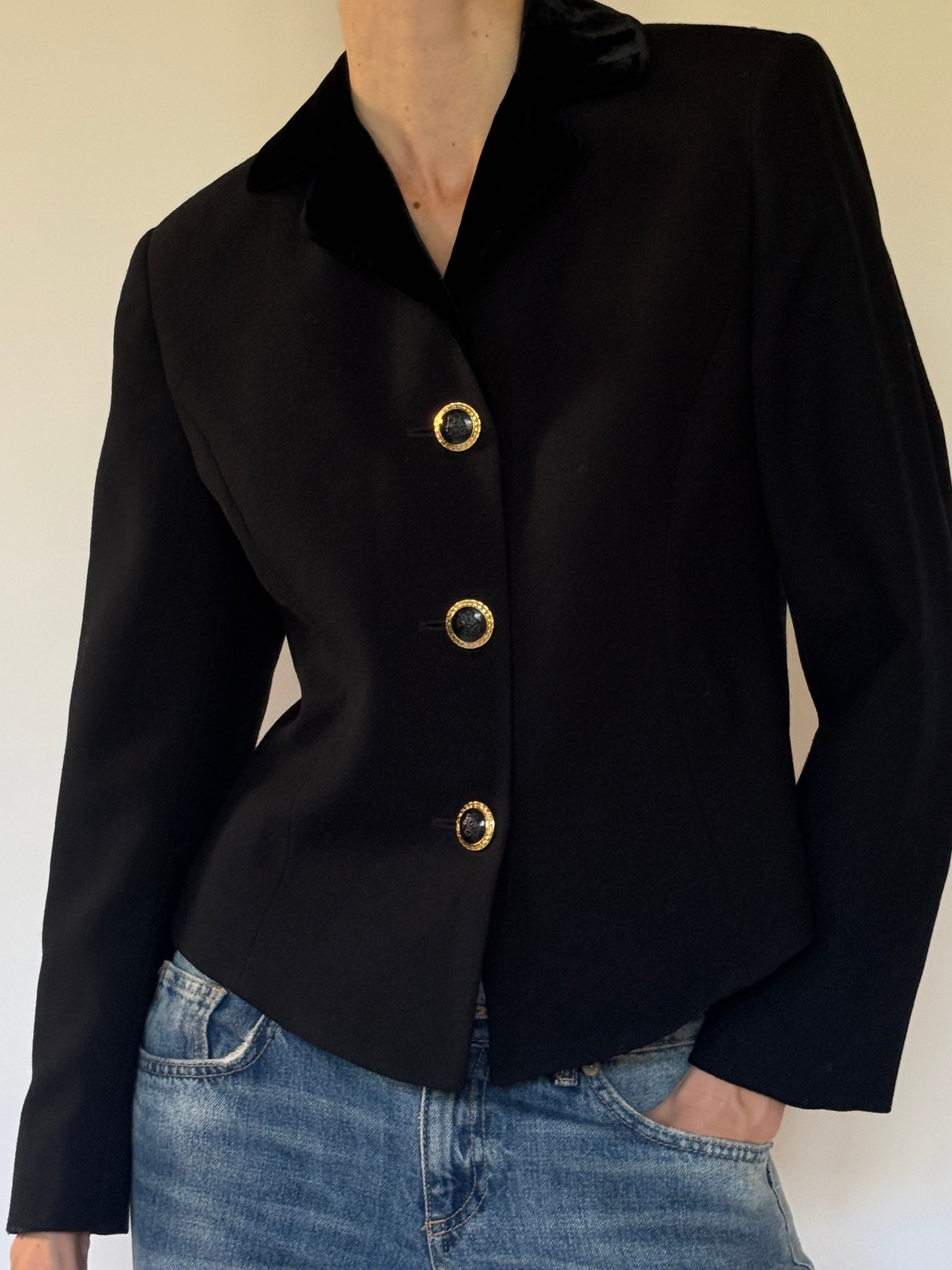 Vintage black blazer front view with velvet collar