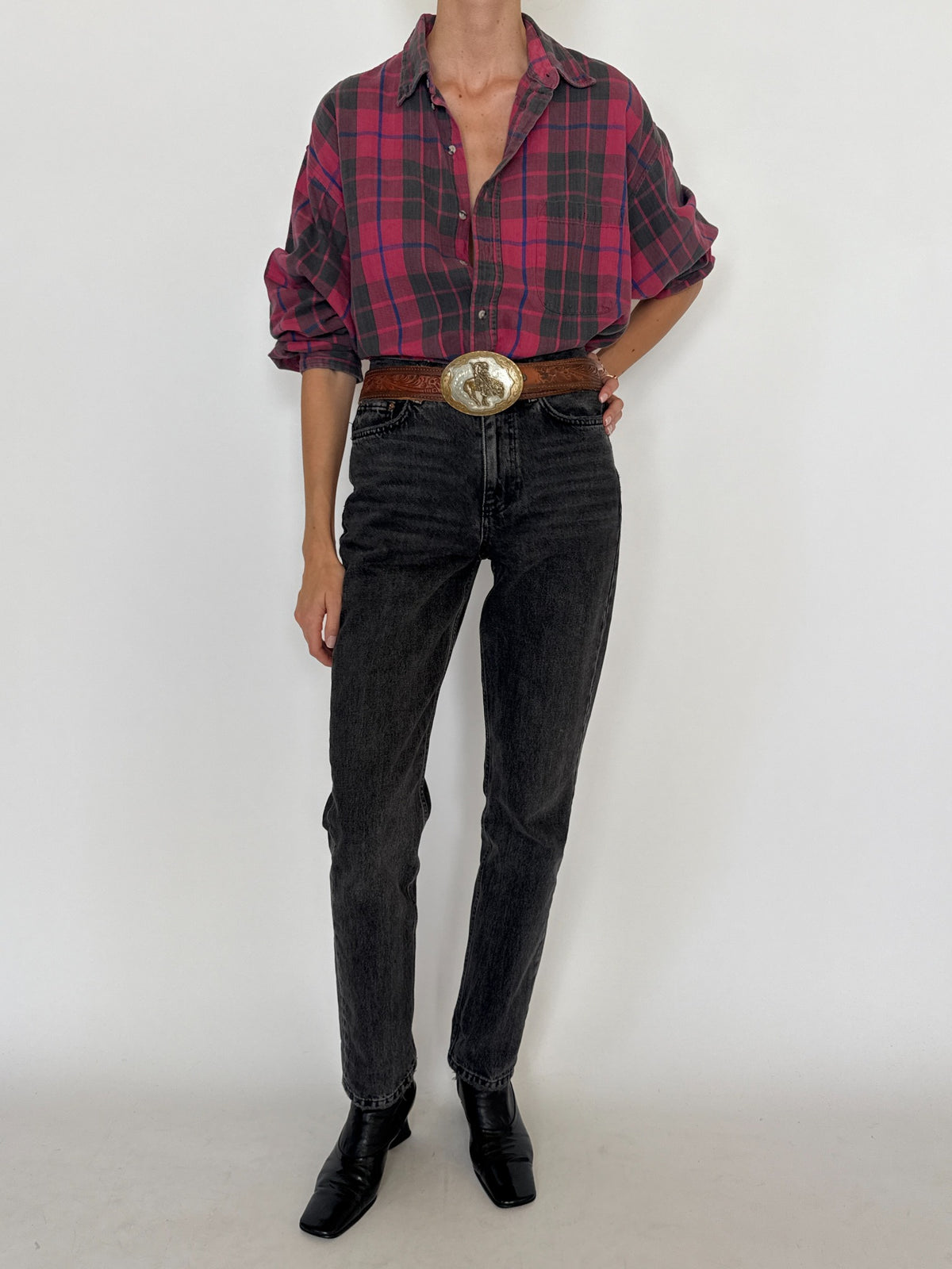 Vintage Burgundy Plaid 100% Cotton Flannel Shirt 8433