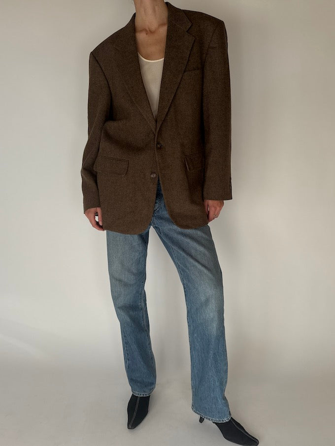 Vintage Herringbone Wool Blazer Brown