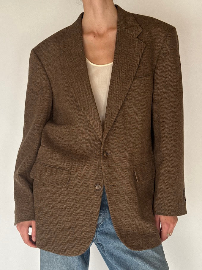 Vintage Herringbone Wool Blazer Brown