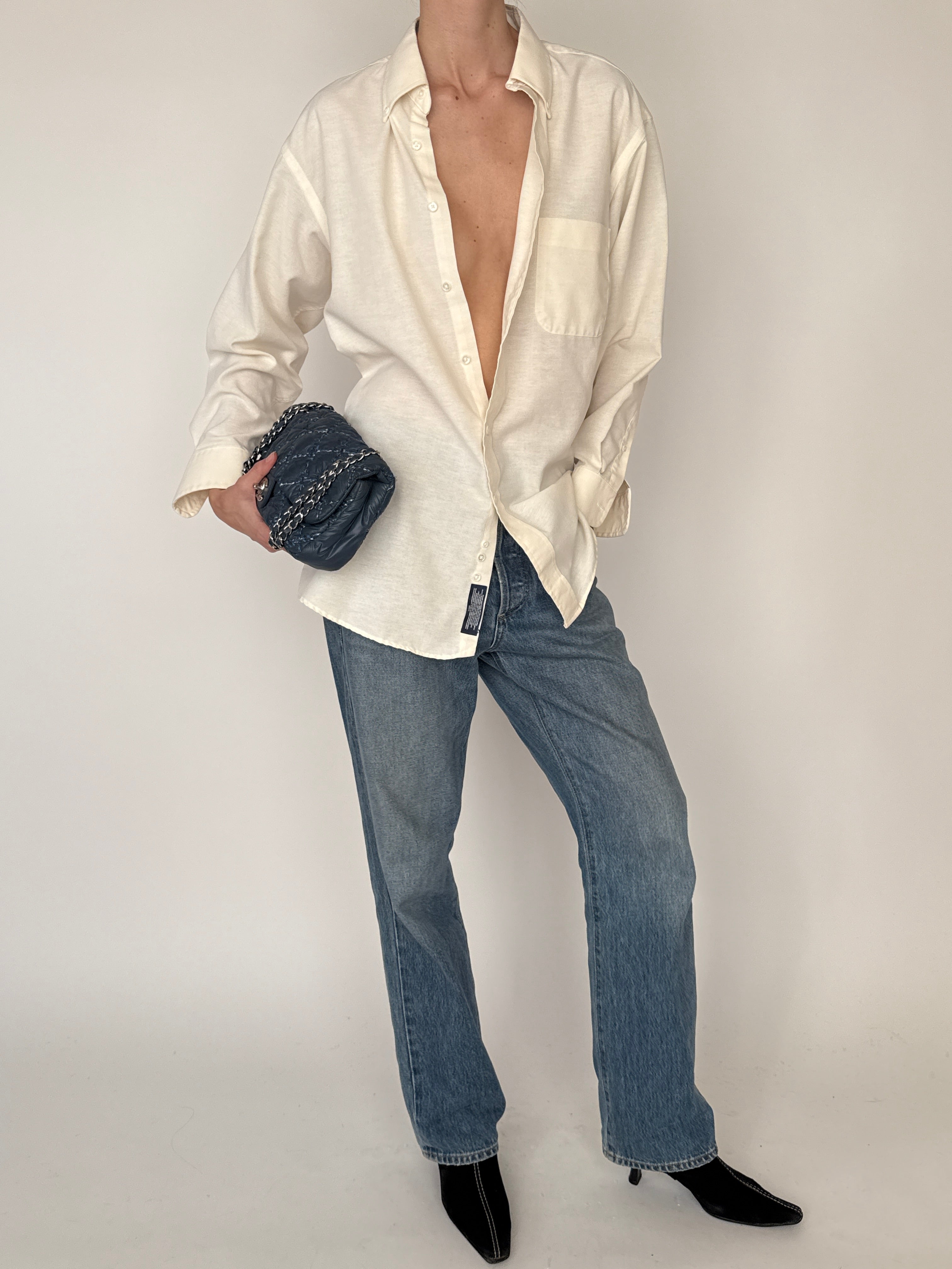 Vintage cream oversized button up shirt front view