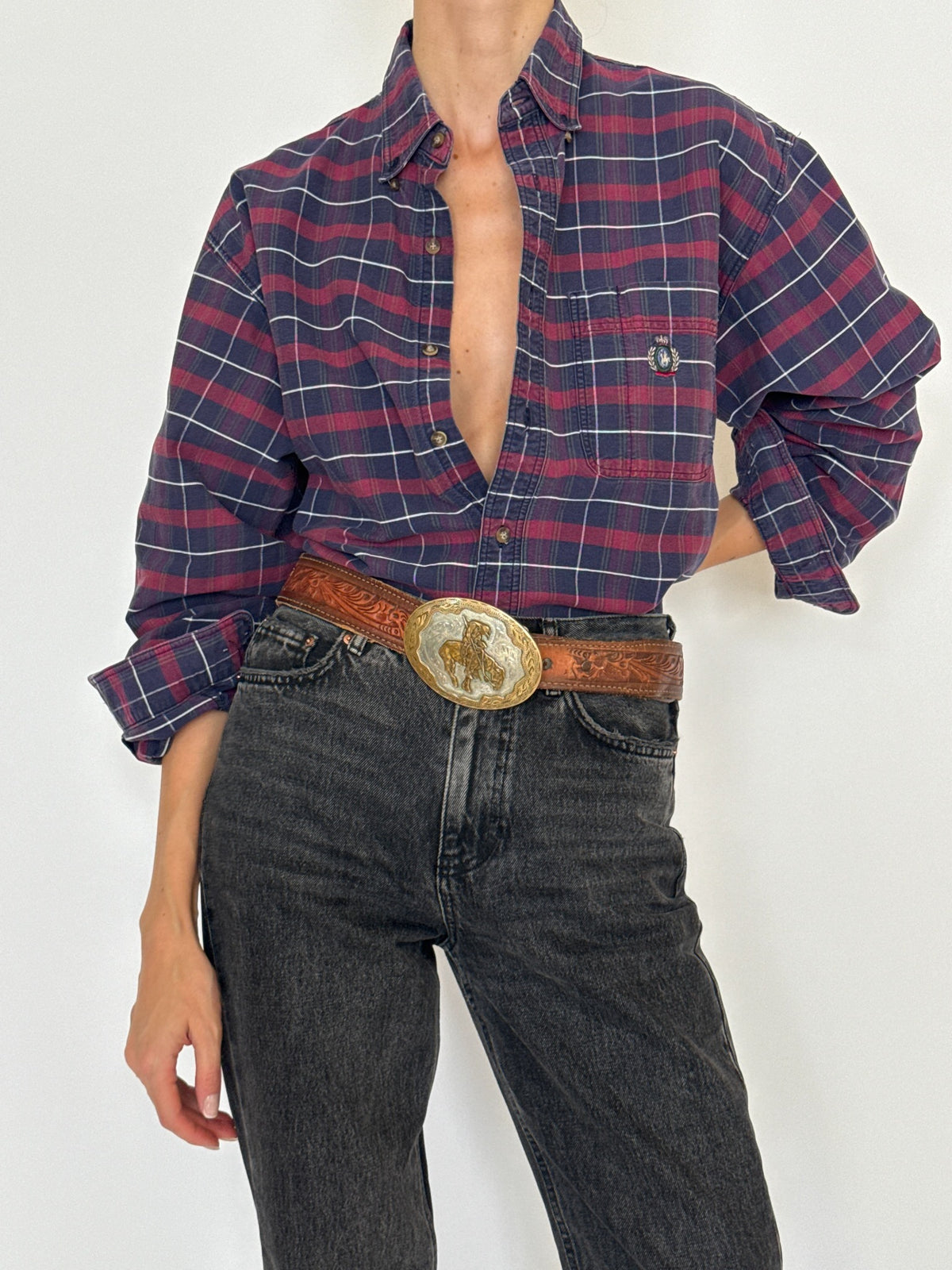 Vintage navy and burgundy plaid shirt SKU 8431