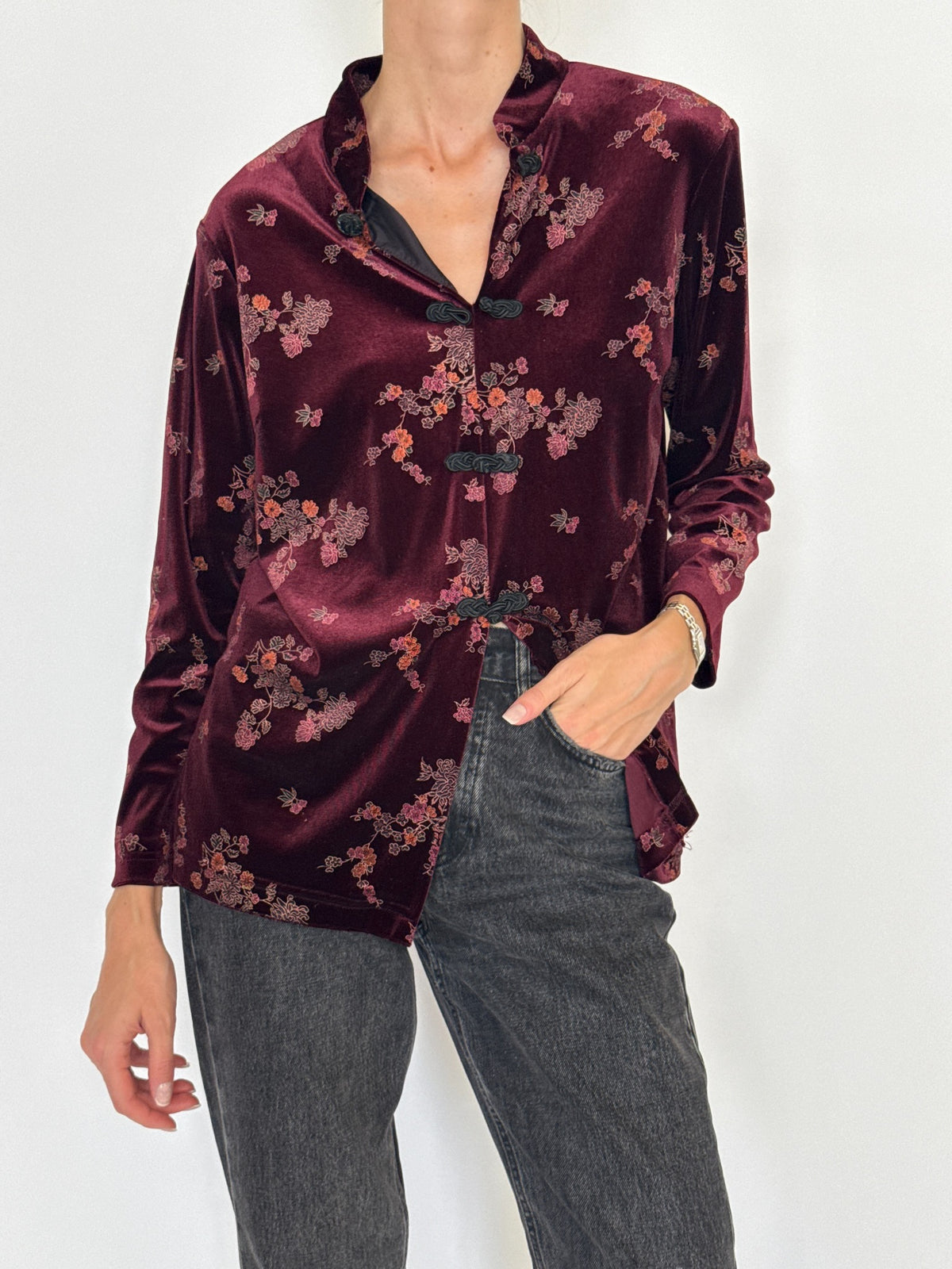 Vintage Asian-Inspired Floral Velvet Mandarin Collar Top Plum 8454