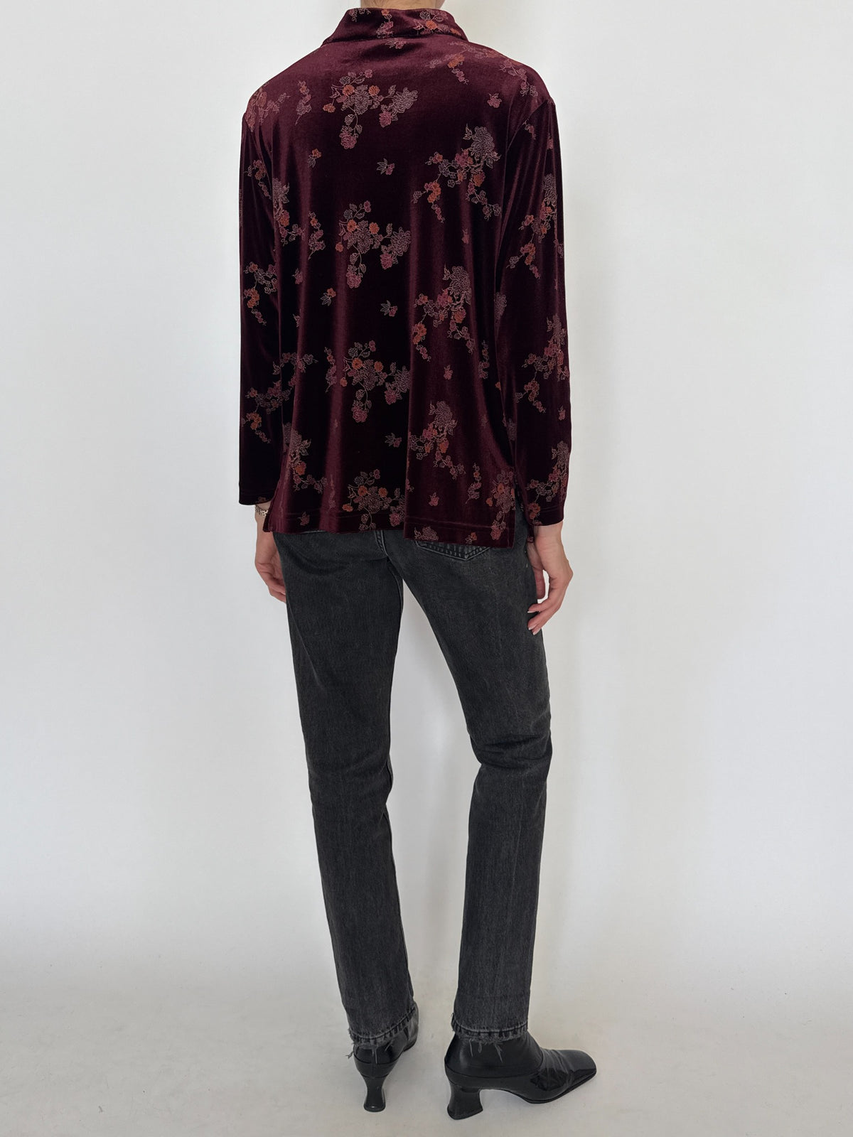 Vintage Asian-Inspired Floral Velvet Mandarin Collar Top Plum 8454