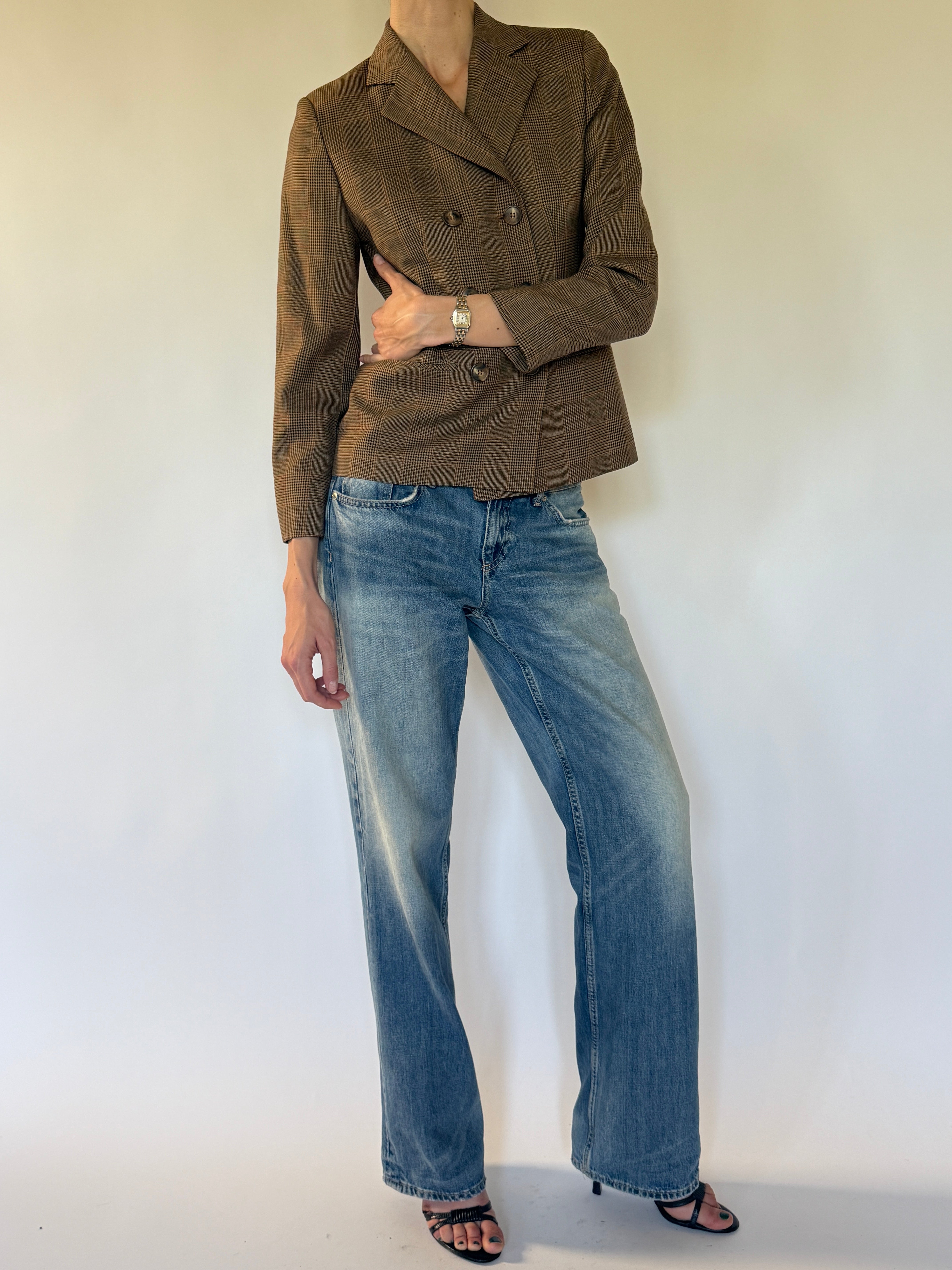 Vintage brown plaid blazer angled view