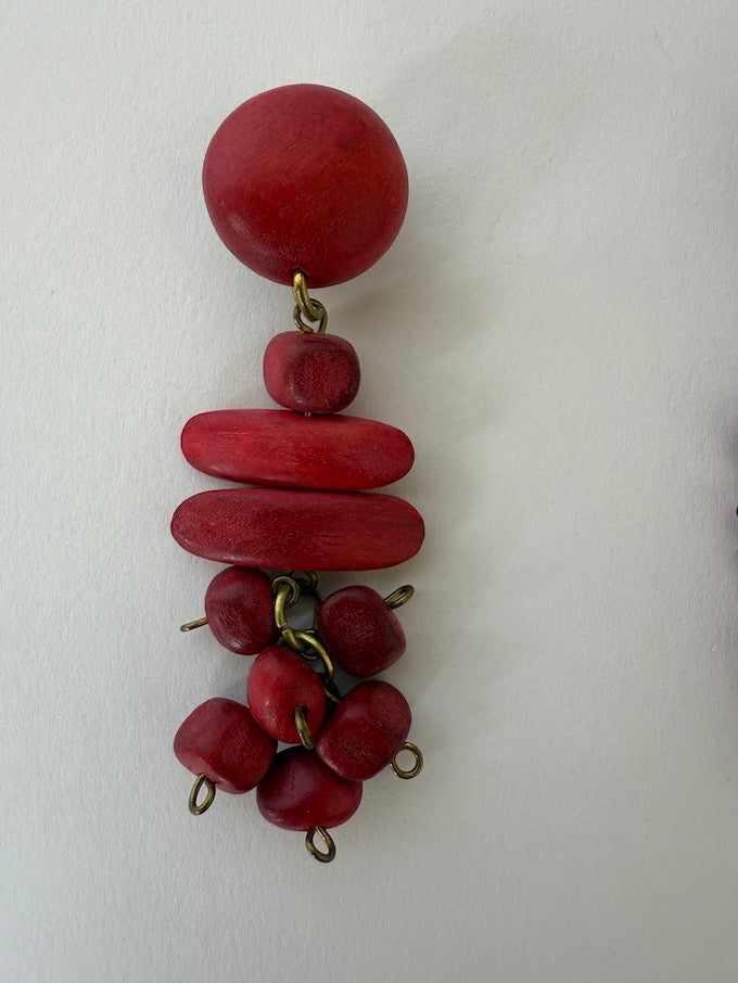 VINTAGE HANDCRAFTED EARRINGS FEATURING RICH, RED WOOD BEADS