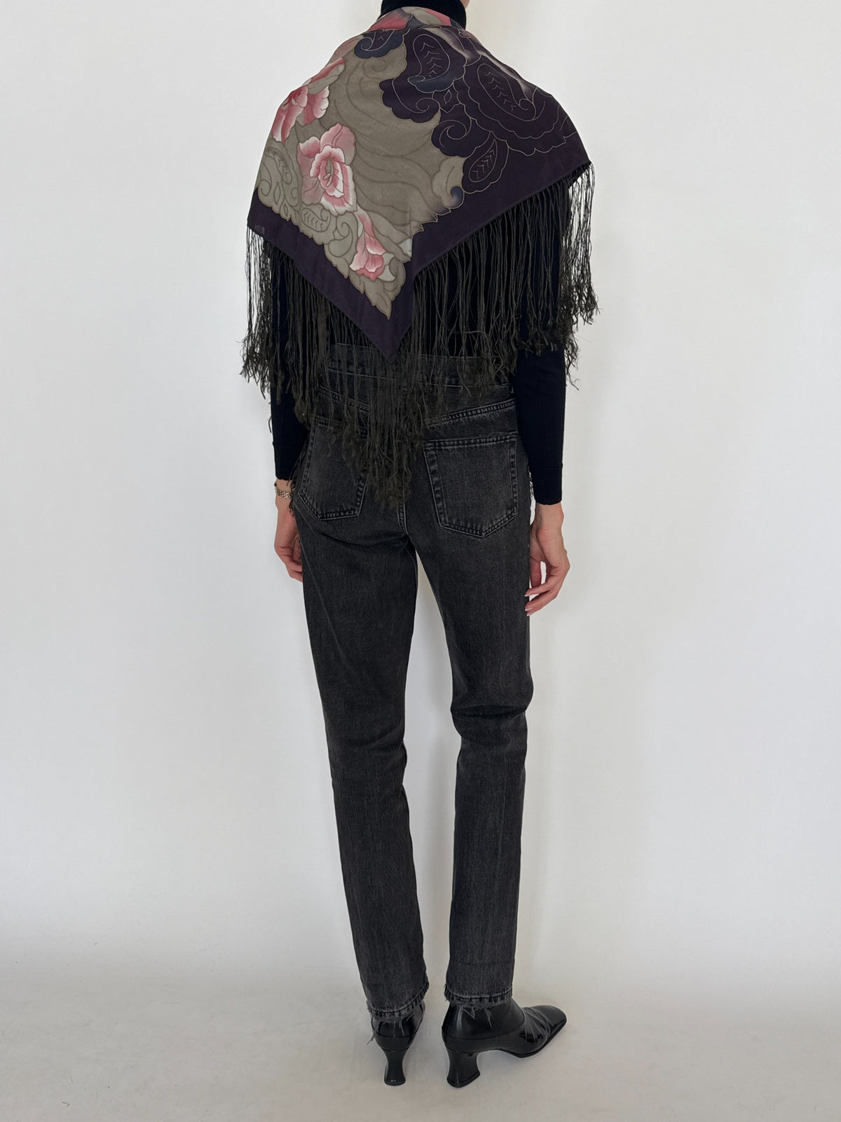 Vintage handmade floral pure silk fringe shawl