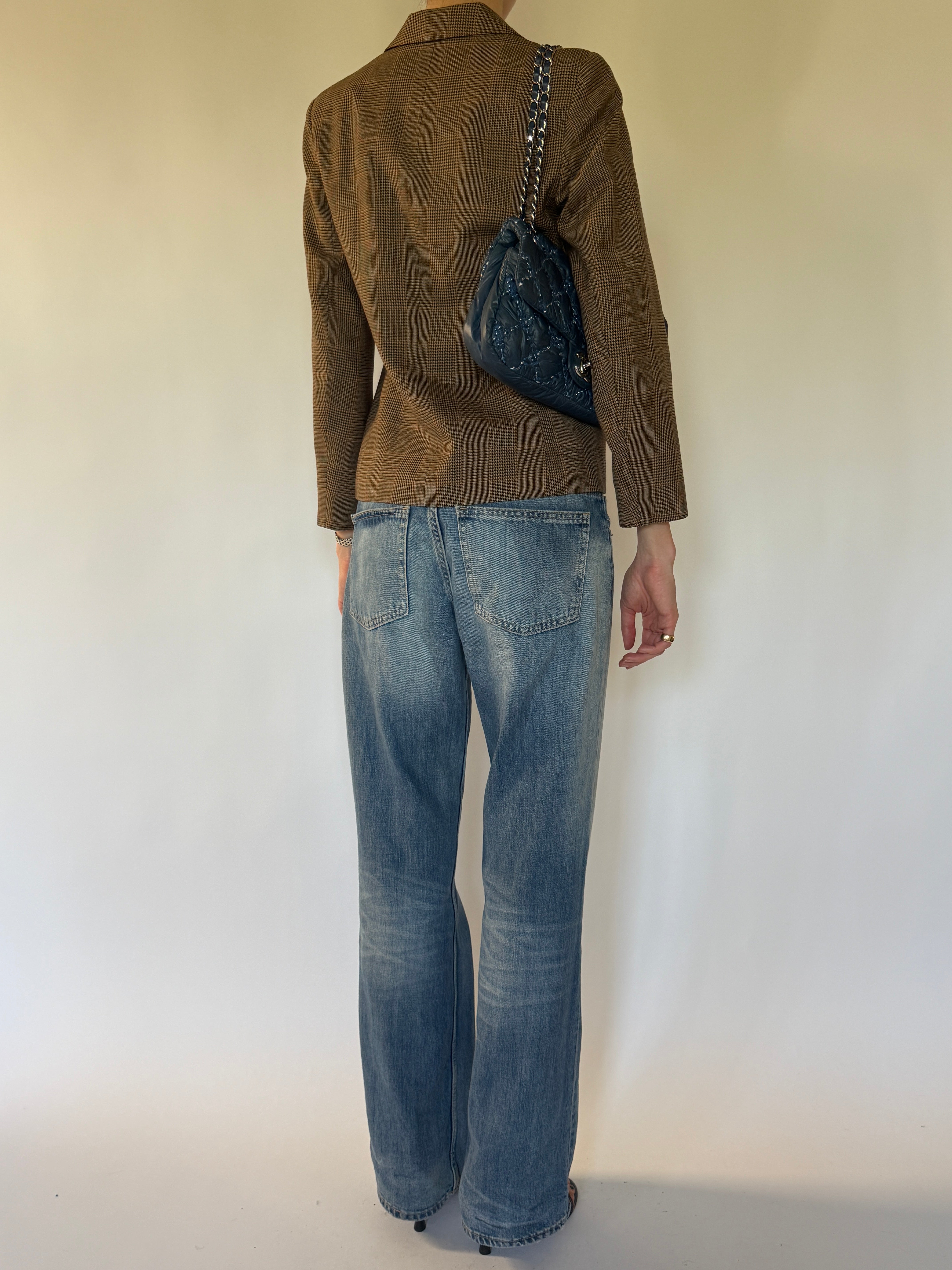 Vintage brown plaid wool blazer back view