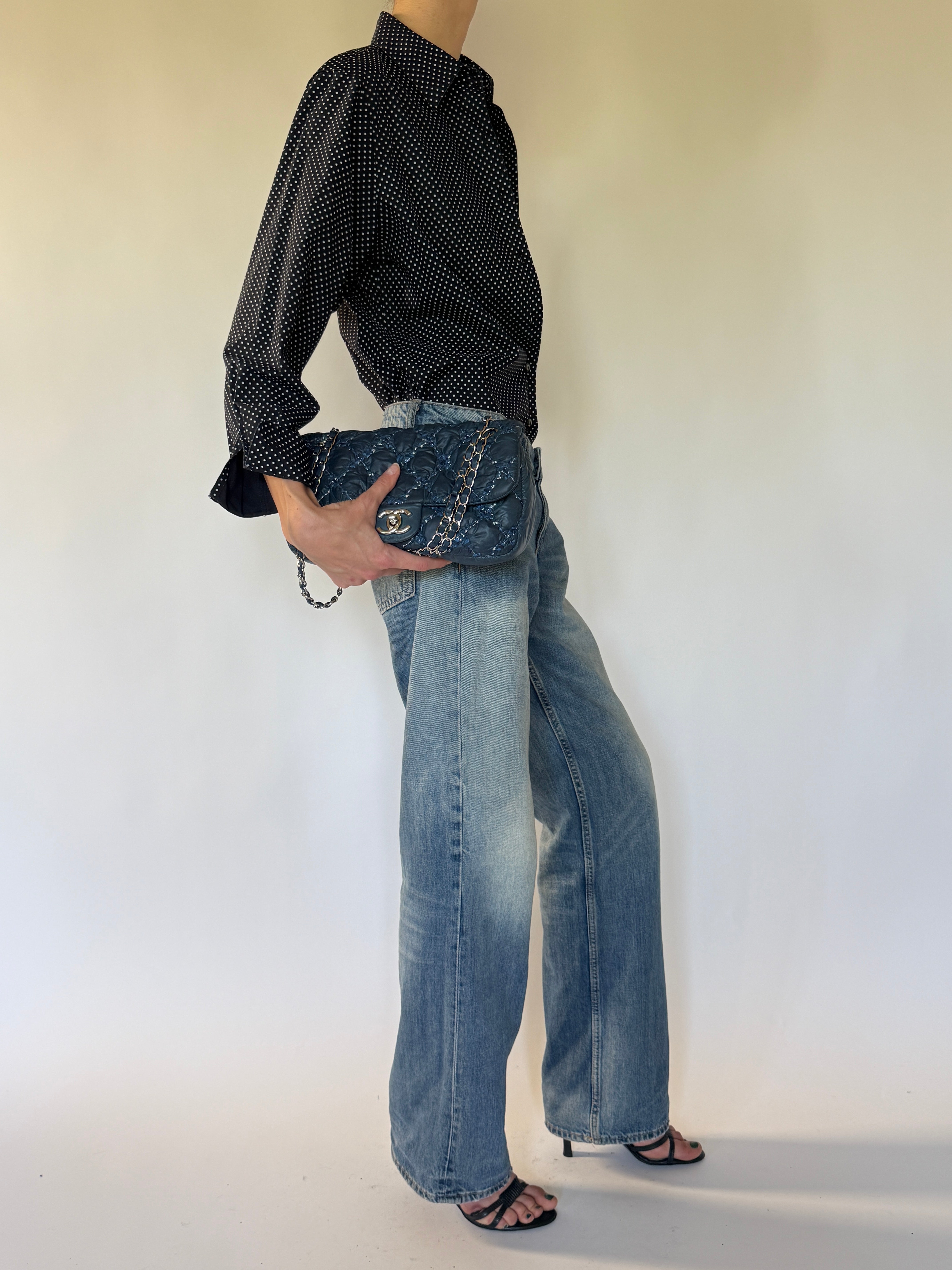 Vintage black polka dot shirt side view
