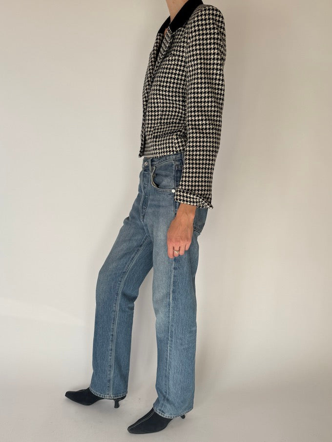 Vintage Houndstooth Cropped Wool-Blend Blazer 6697