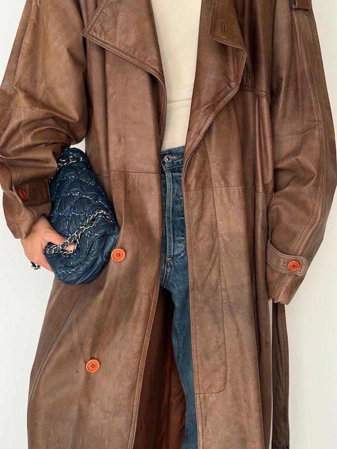 Vintage Oversized Long Trench Leather Coat Brown 5898