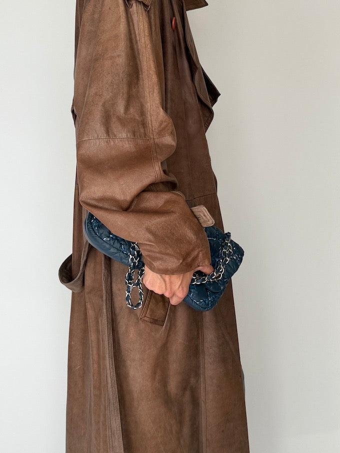 Vintage Oversized Long Trench Leather Coat Brown 5898