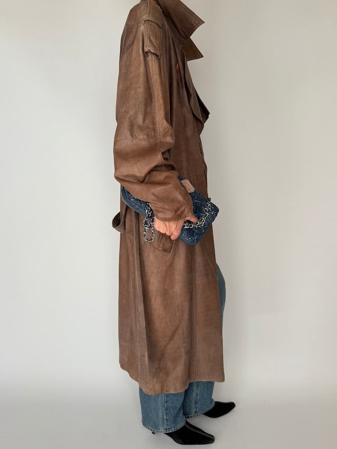 Vintage Oversized Long Trench Leather Coat Brown 5898