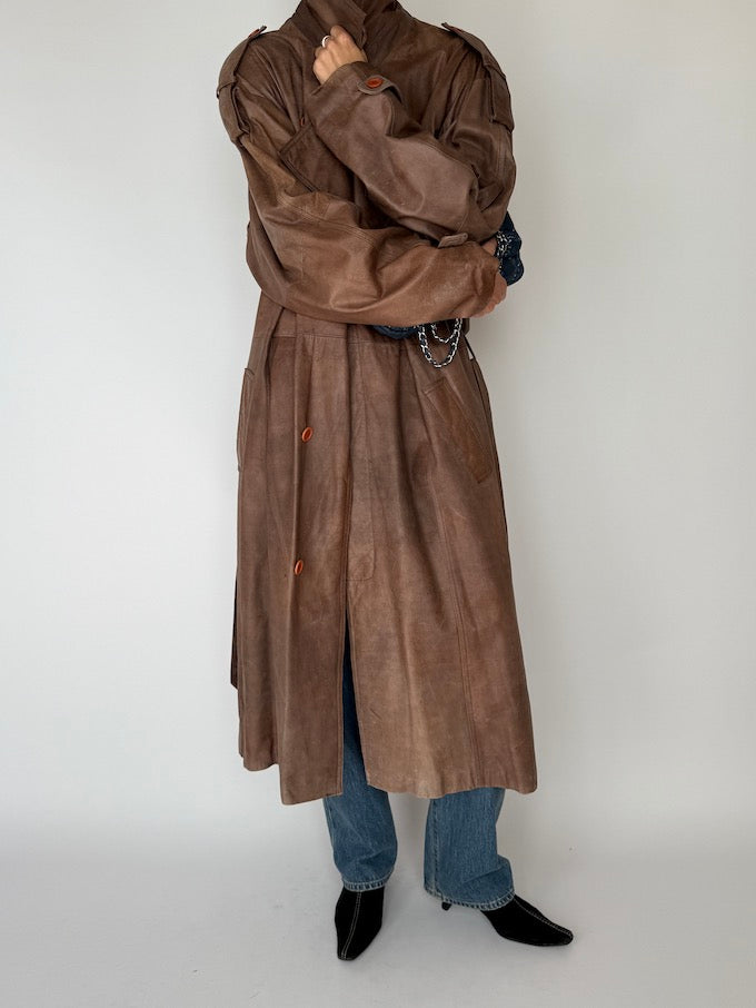 Vintage Oversized Long Trench Leather Coat Brown 5898