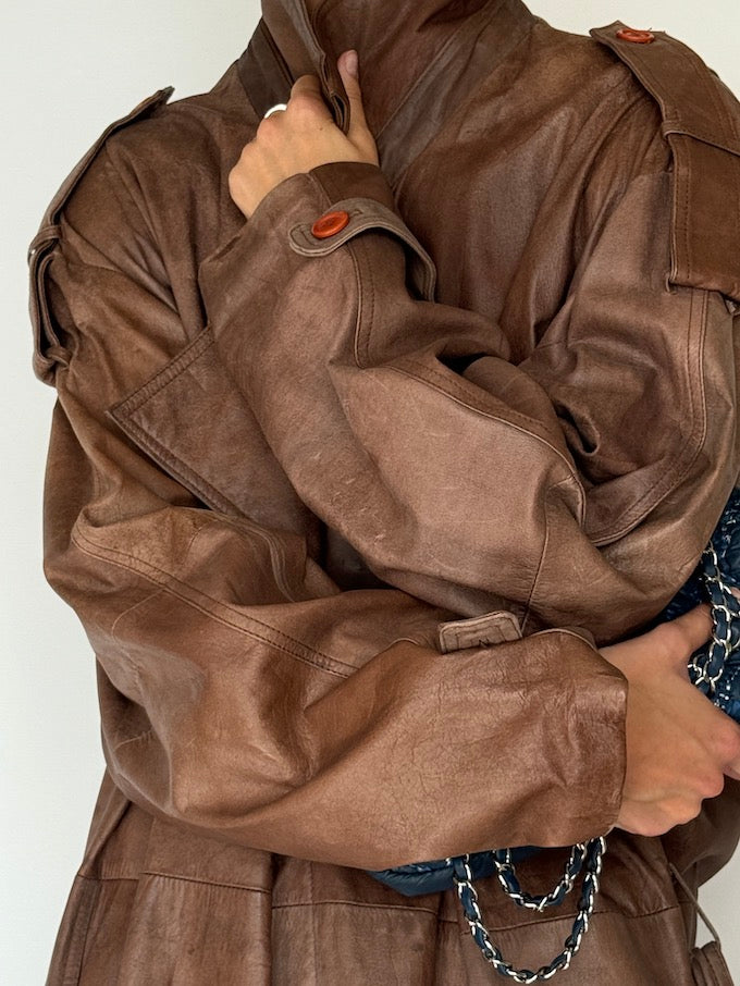 Vintage Oversized Long Trench Leather Coat Brown 5898