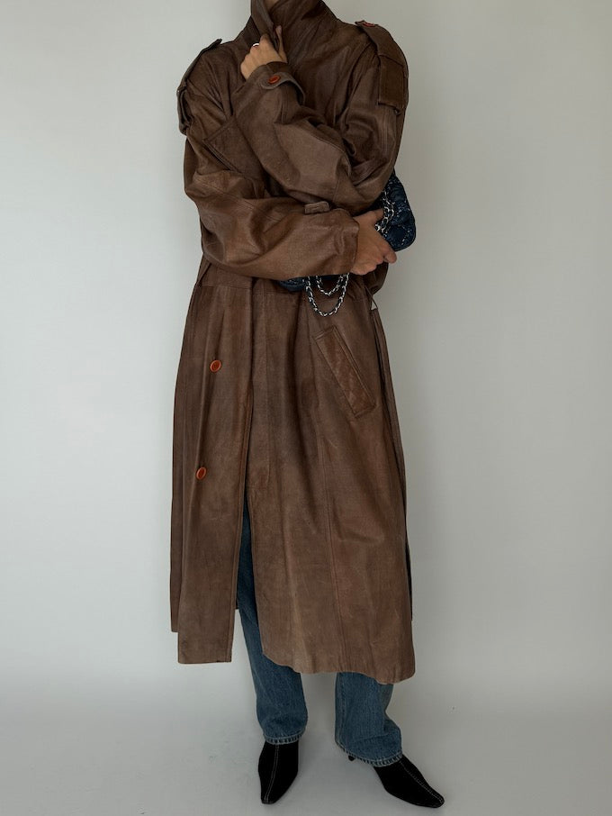 Vintage Oversized Long Trench Leather Coat Brown 5898