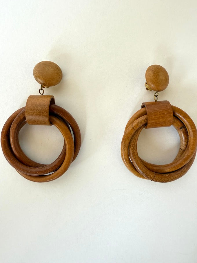 Vintage dangle wood hoop earrings