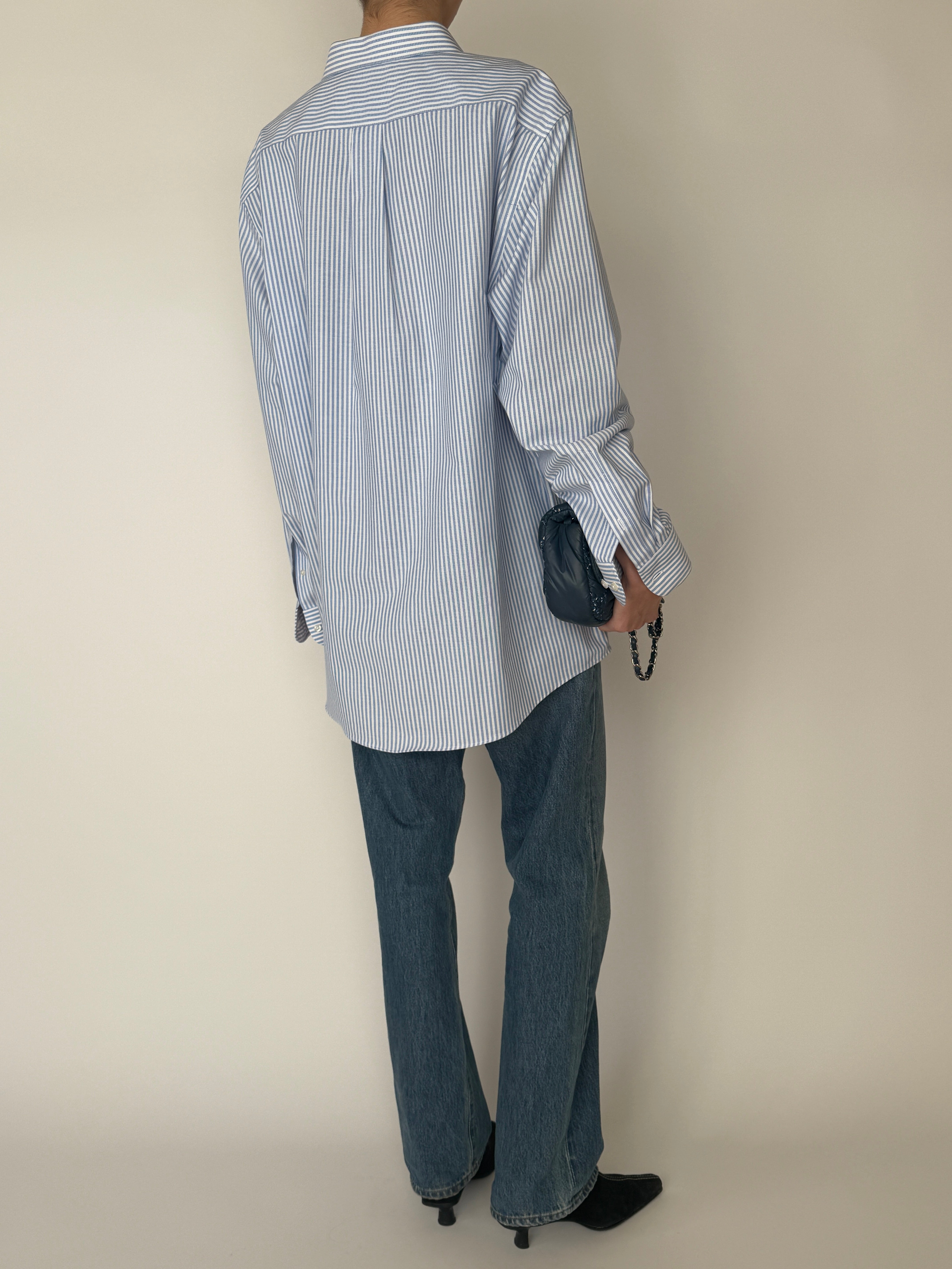 Vintage blue and white striped button-down shirt back view