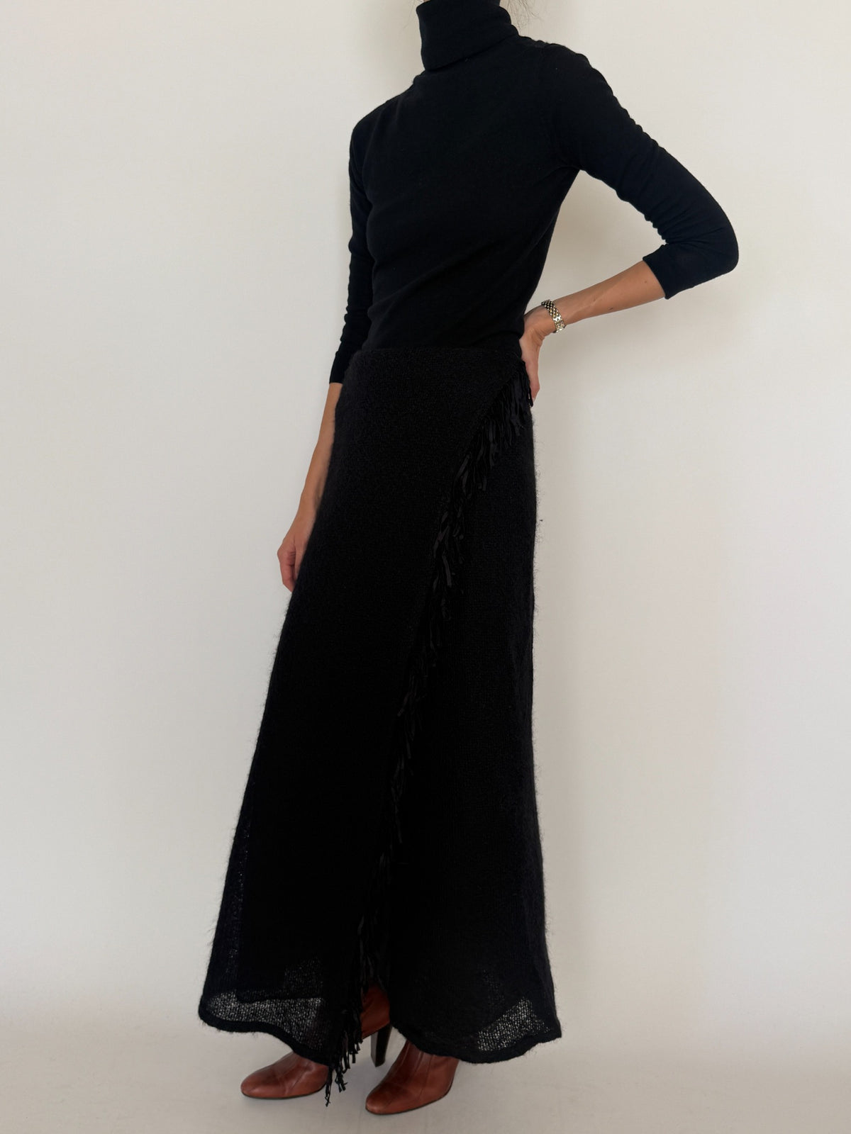 Vintage black wool blend fringe maxi skirt