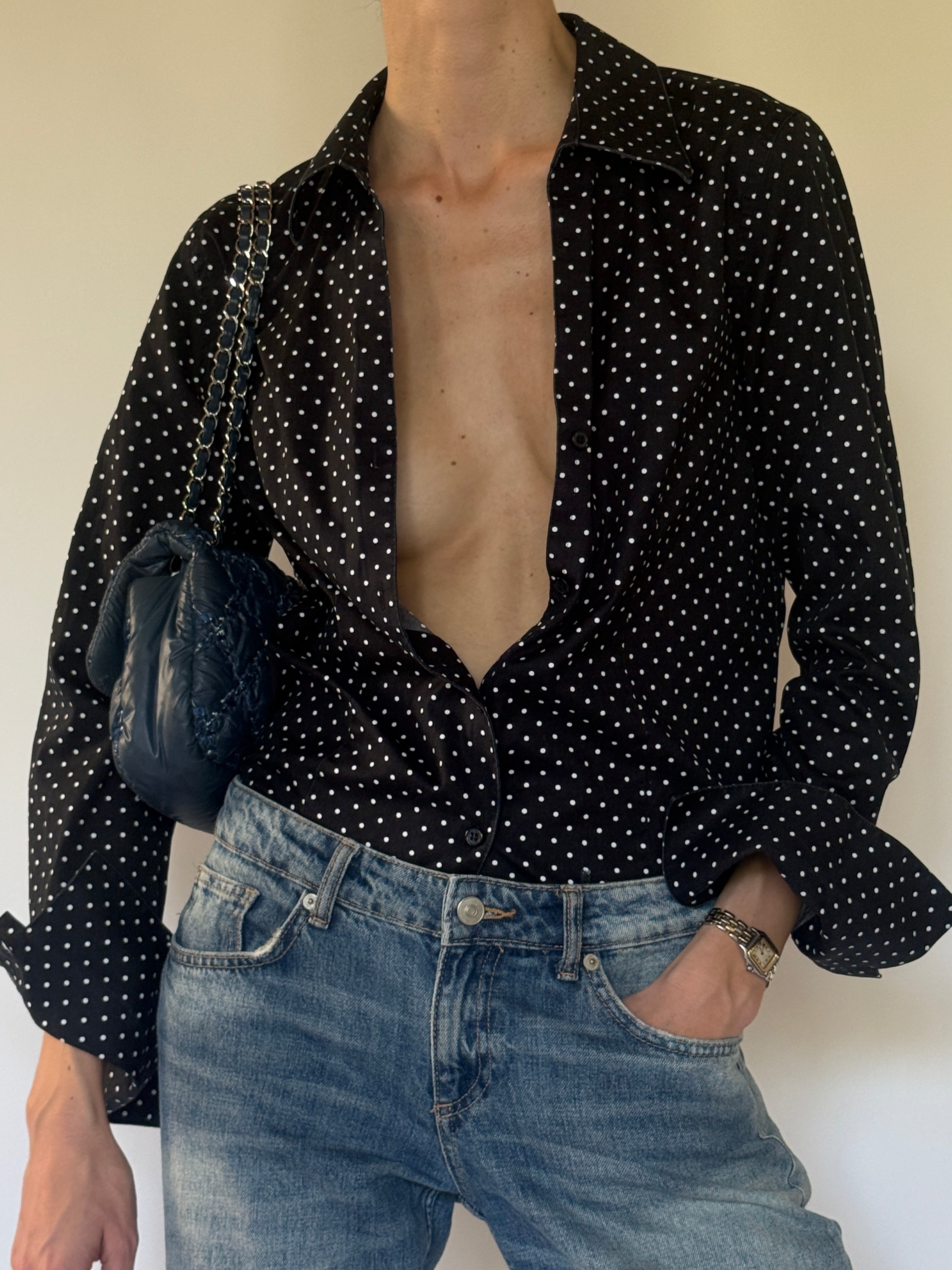 Vintage black polka dot shirt front view