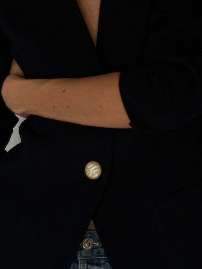 Vintage Structured Black Blazer with Pearl Button
