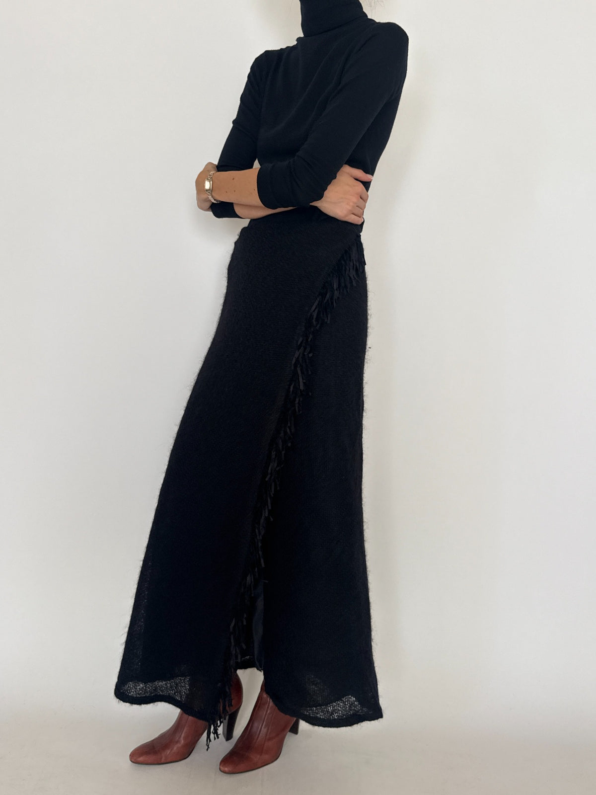 Vintage black wool blend fringe maxi skirt