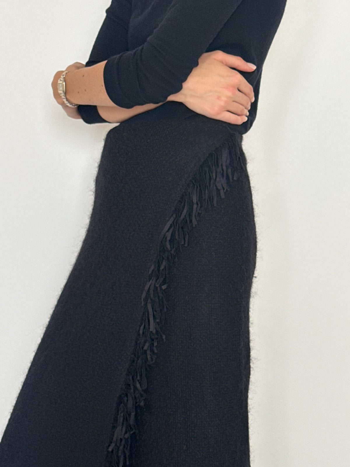 Vintage black wool blend fringe maxi skirt