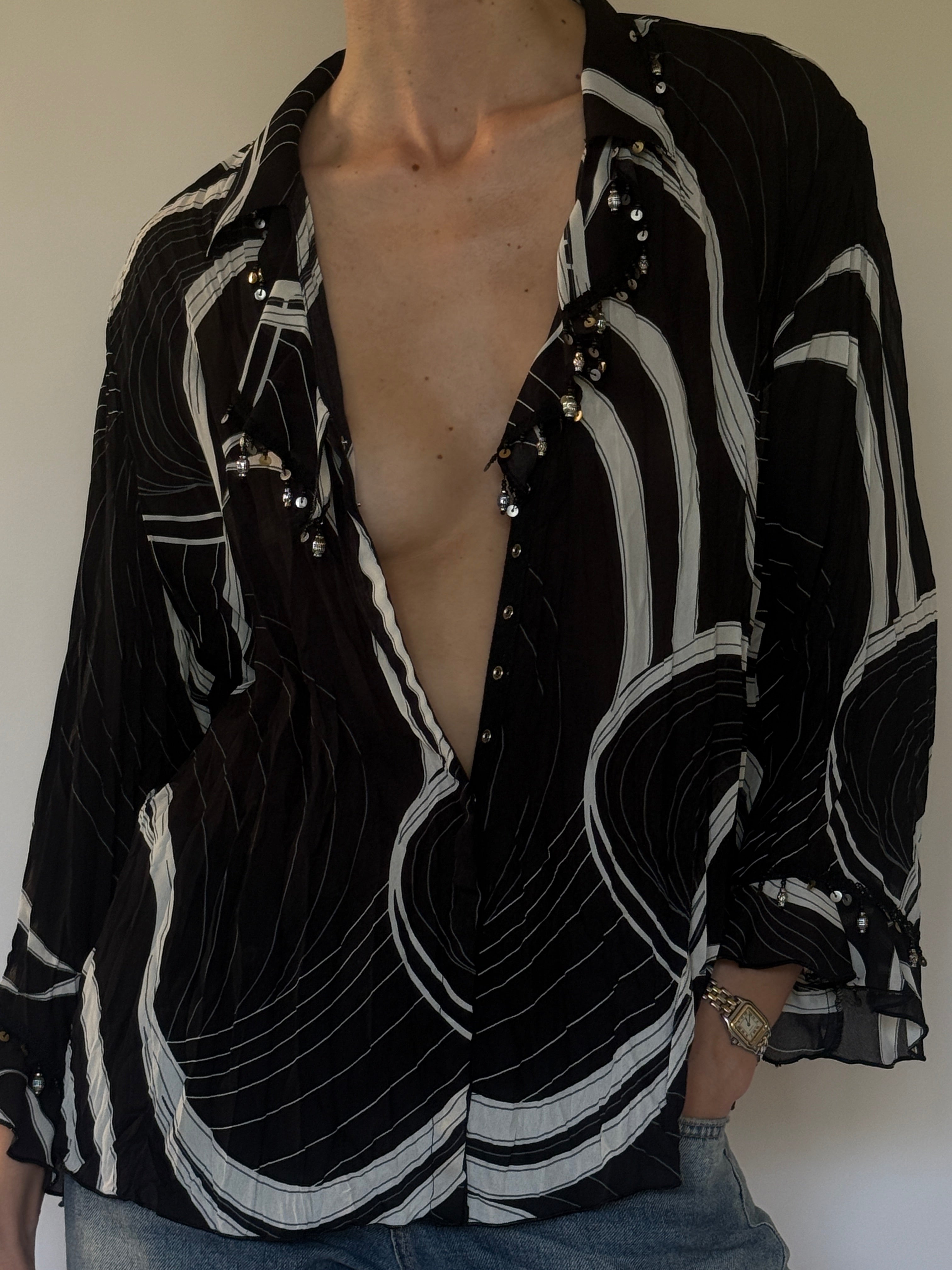 Vintage black embellished sheer blouse front view