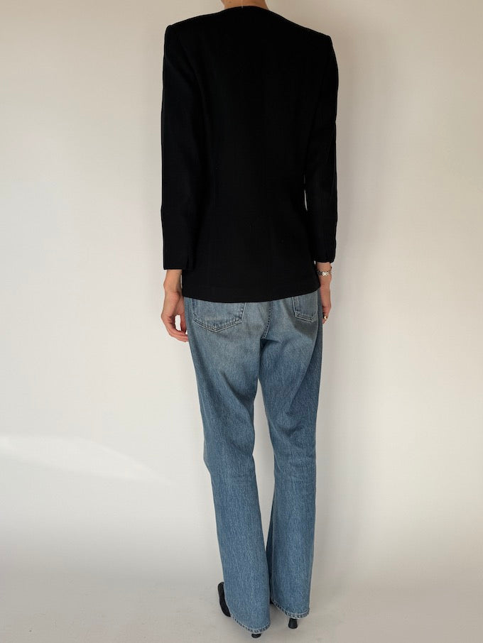 Vintage Structured Black Blazer with Pearl Button
