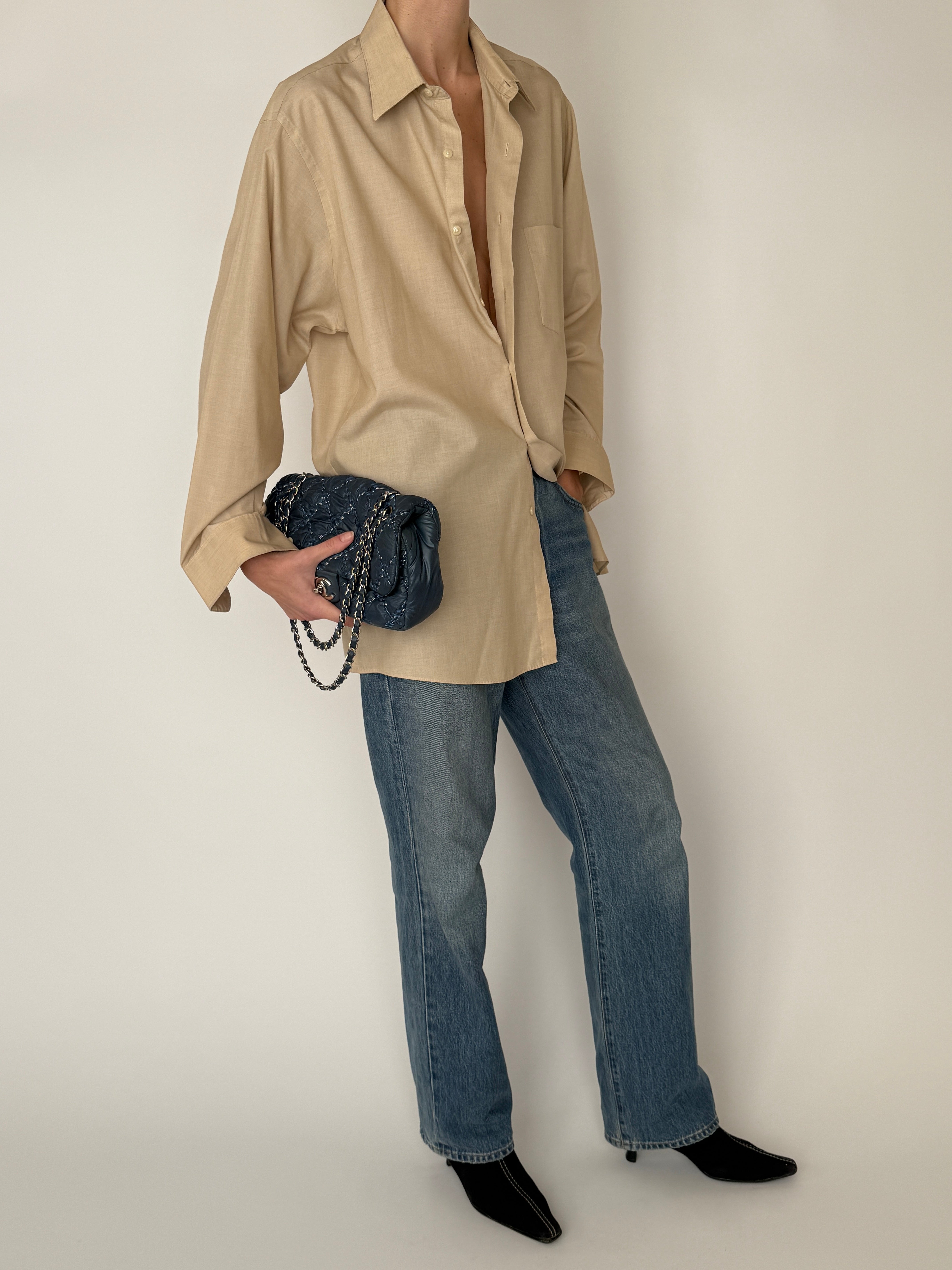 Vintage beige oversized button-up shirt front view