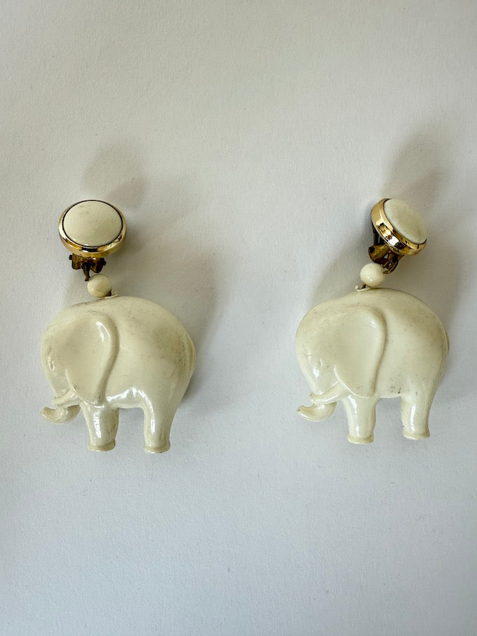 Vintage Ivory Elephant Dangle Clip-On Earrings