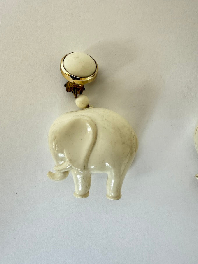 Vintage Ivory Elephant Dangle Clip-On Earrings