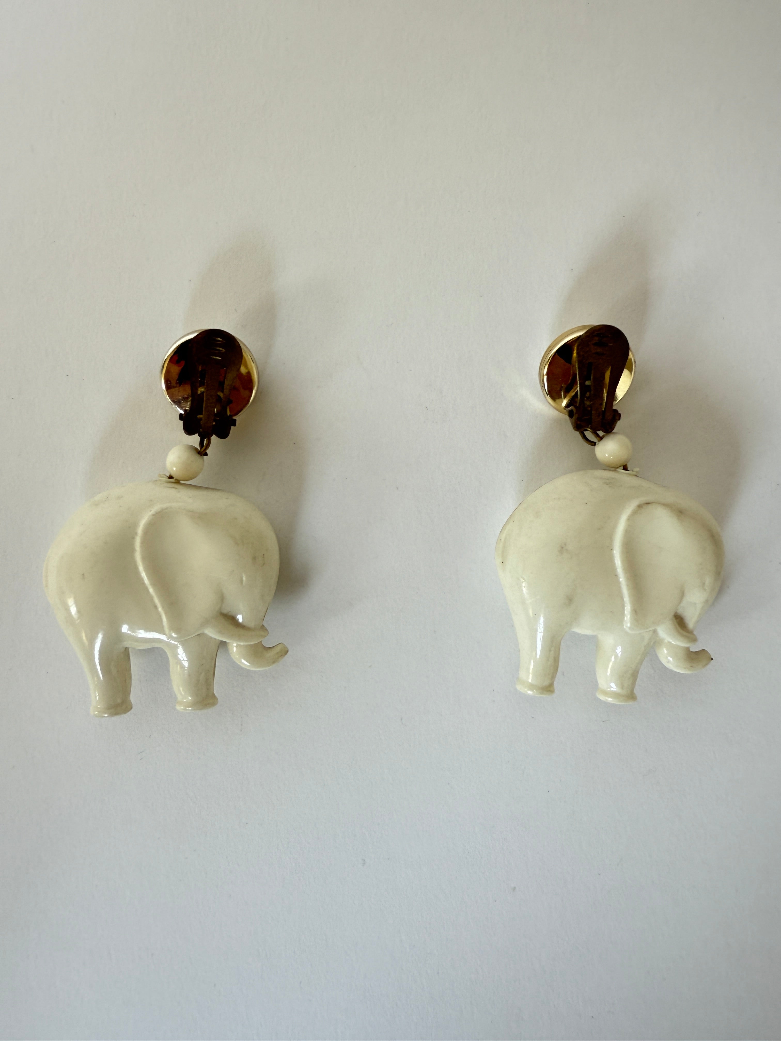 Vintage Ivory Elephant Dangle Clip-On Earrings