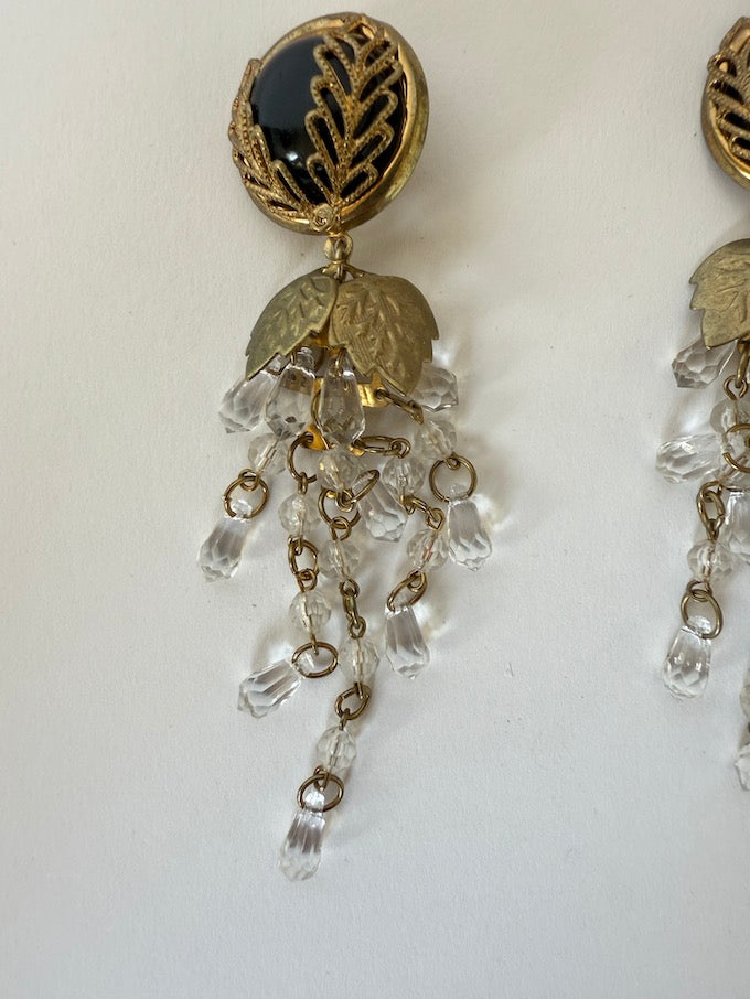 Vintage large Gold & Black toned Cabochon Statement Earrings