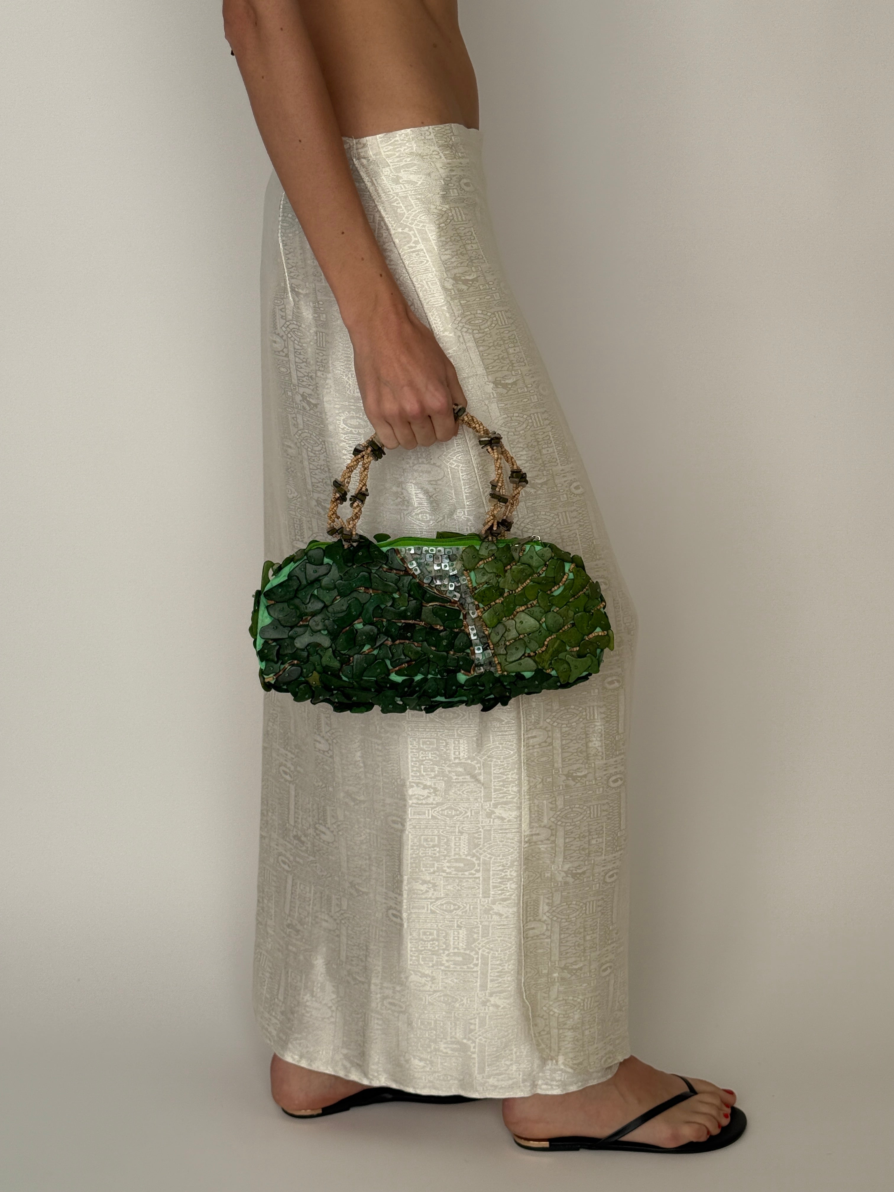 Vintage green beaded handbag front view