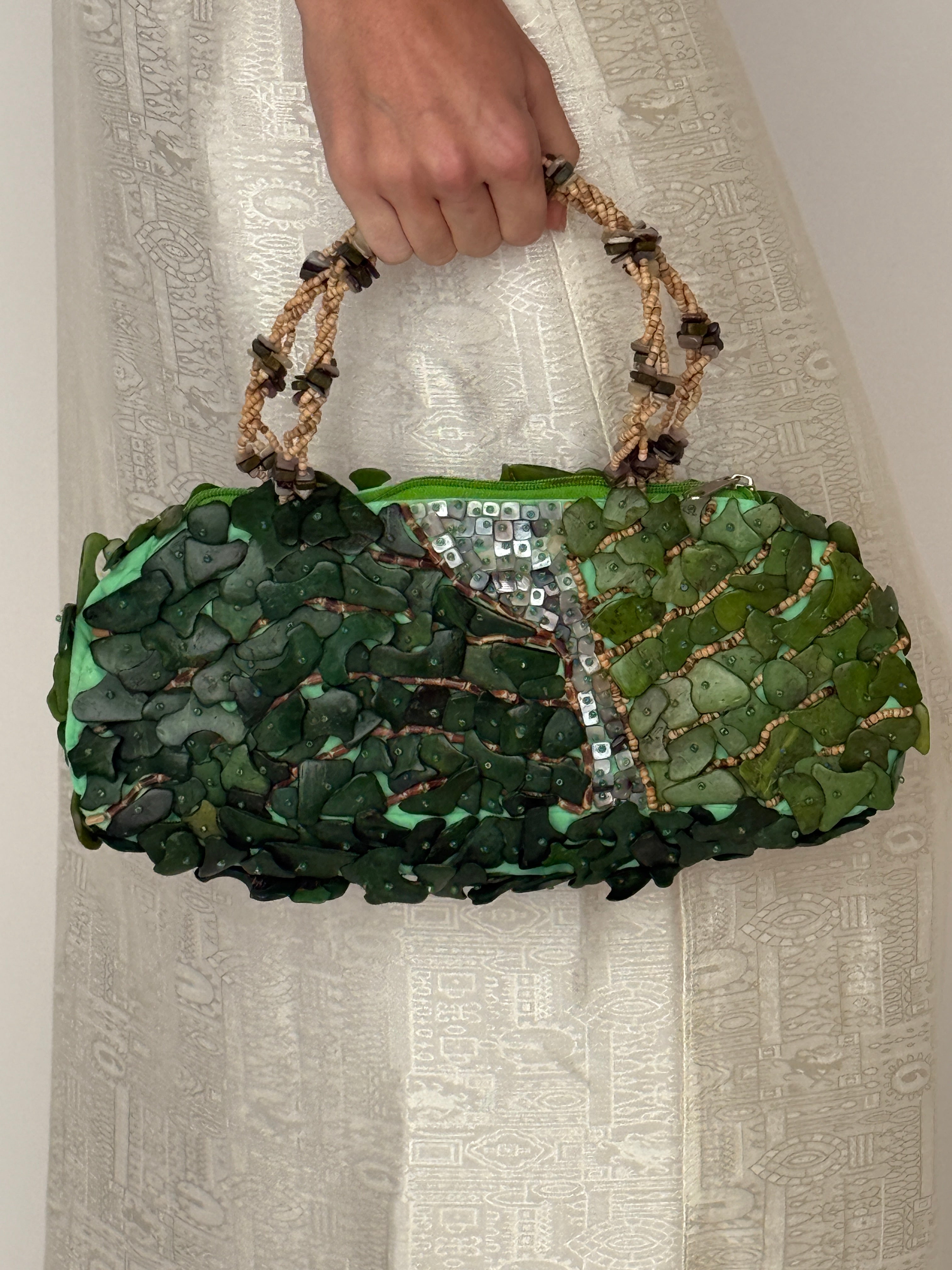 Vintage green beaded handbag front view