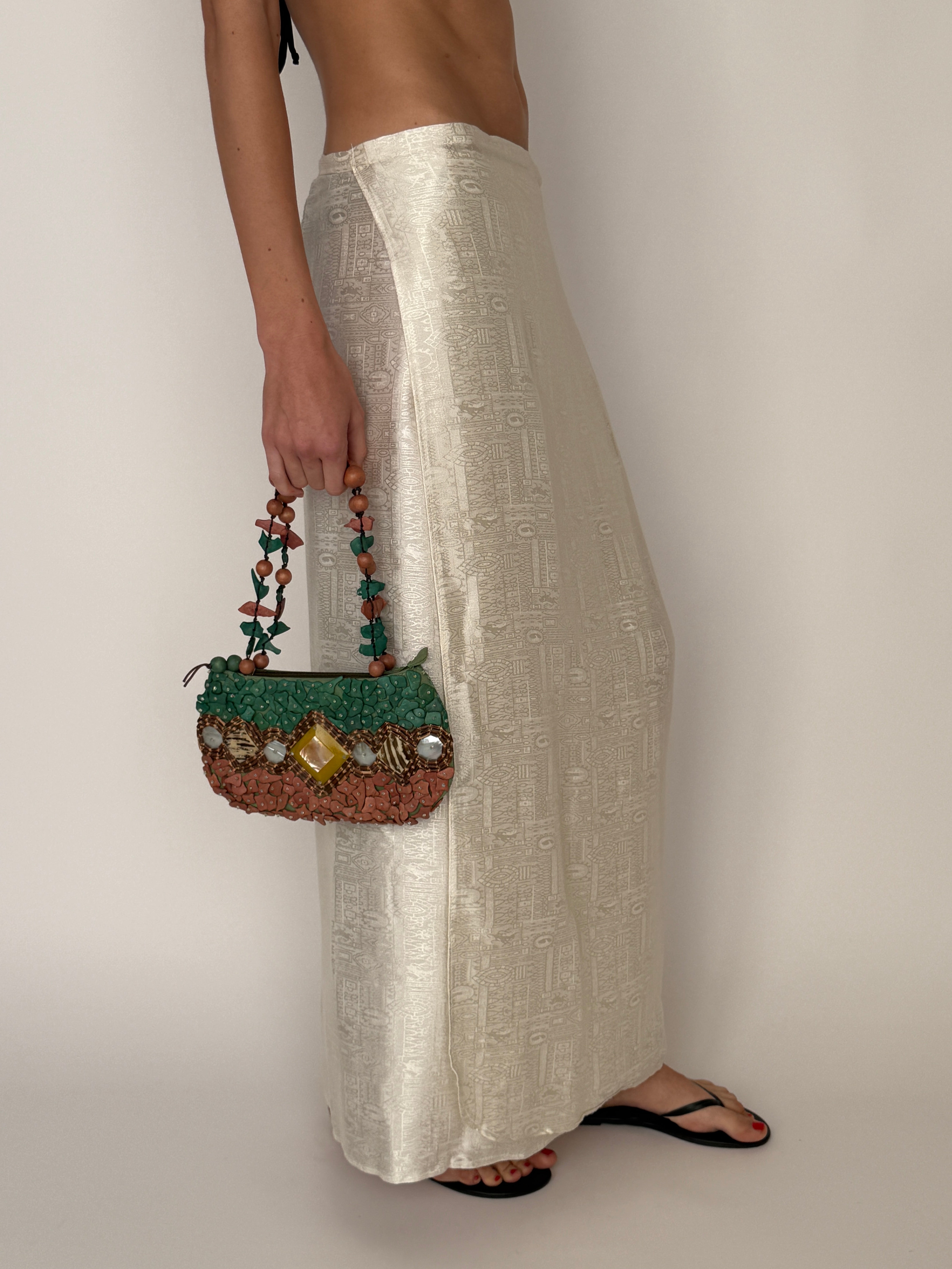 Vintage beaded handbag green brown handle detail