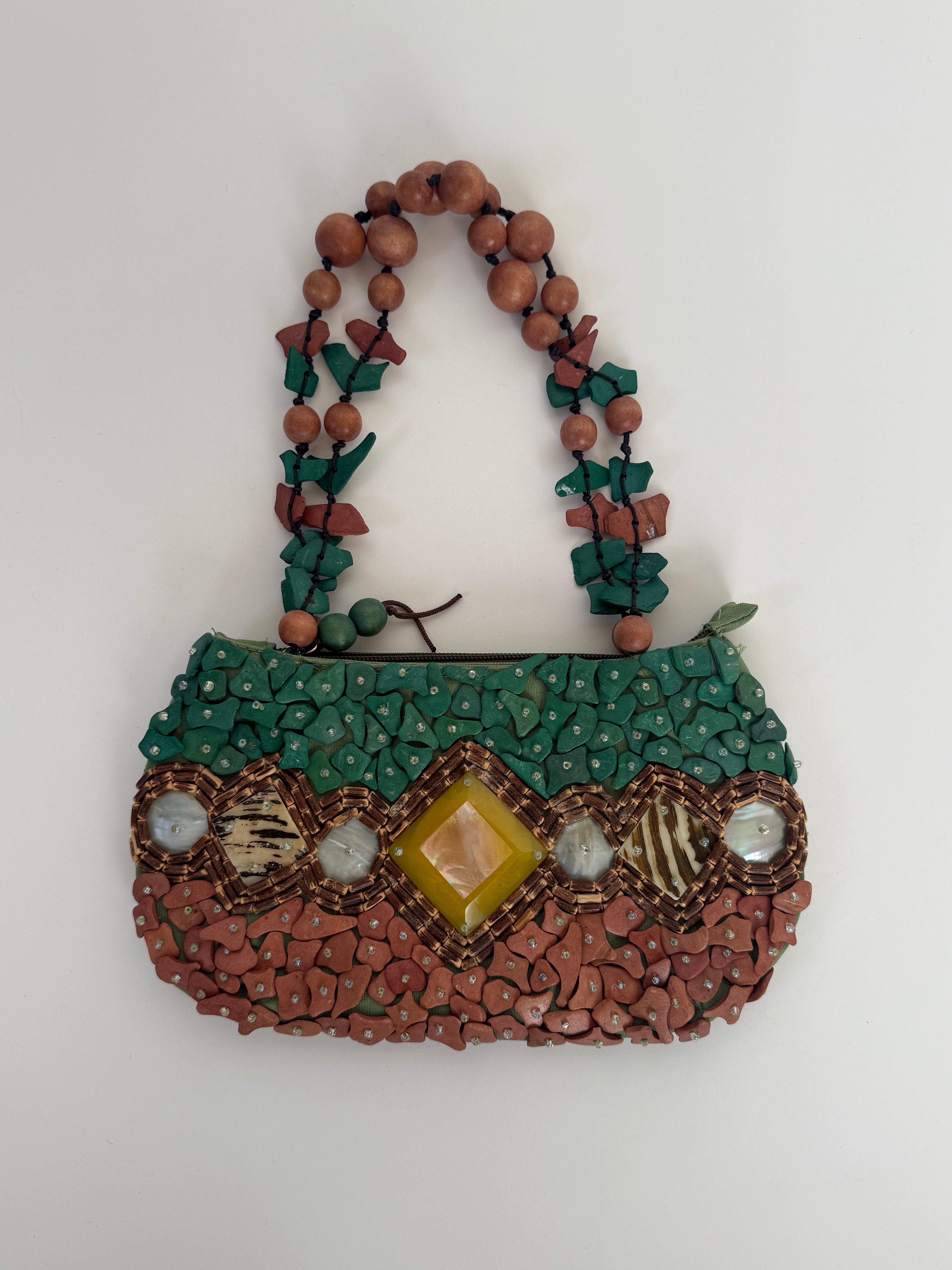 Vintage beaded handbag green brown front view