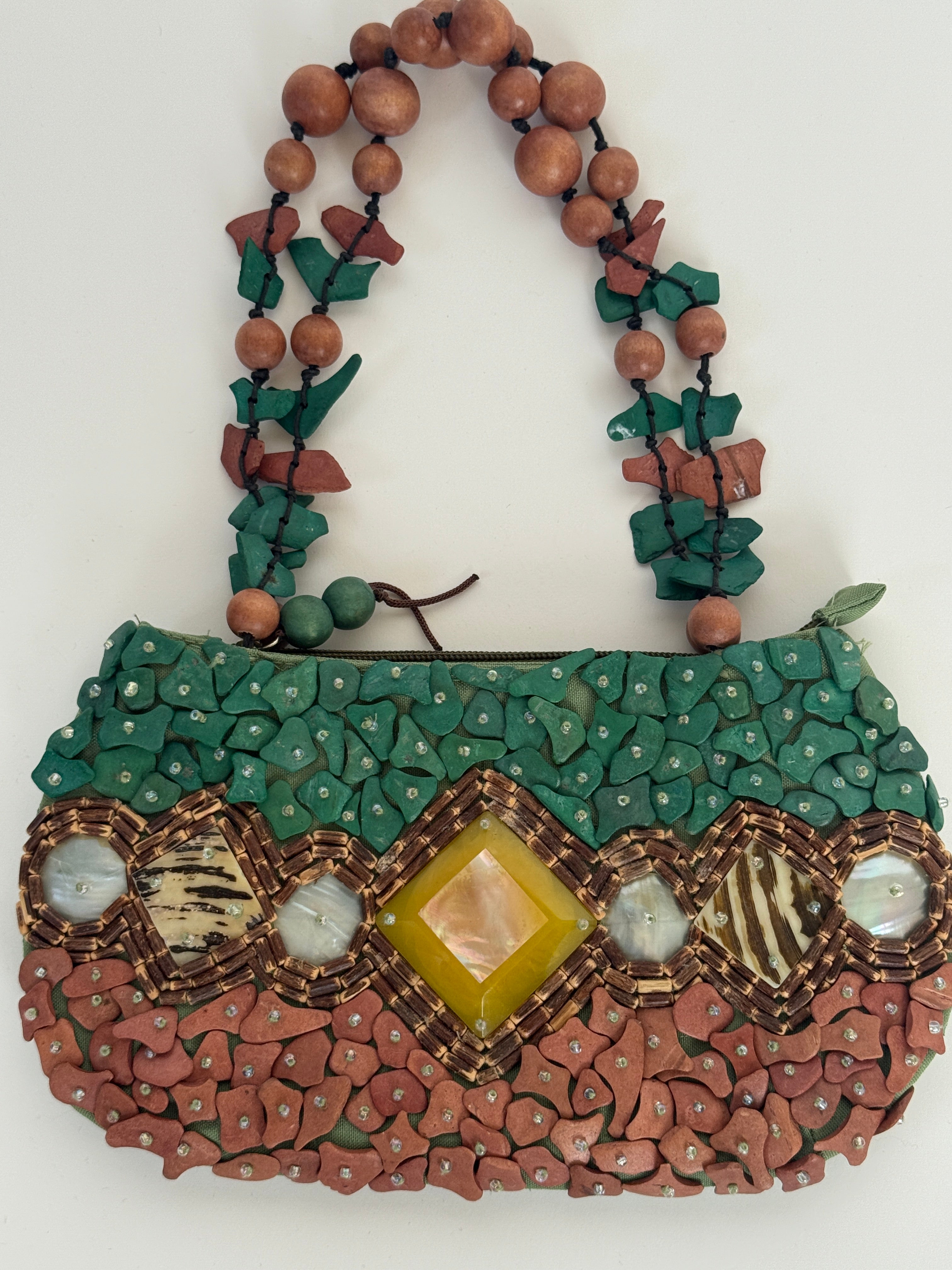 Vintage beaded handbag green brown front view