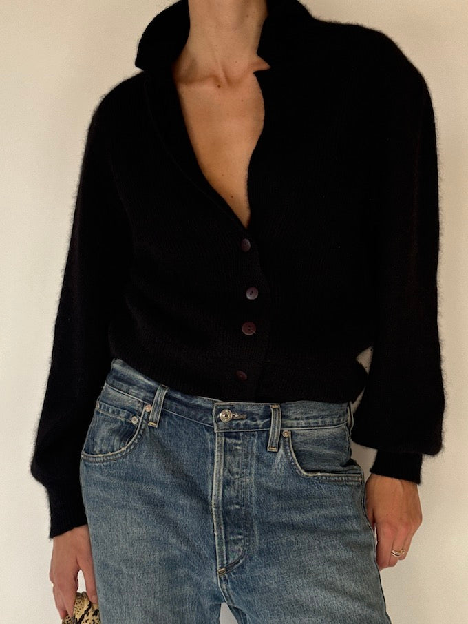 Vintage Black Button-Up Wool & Angora Cardigan