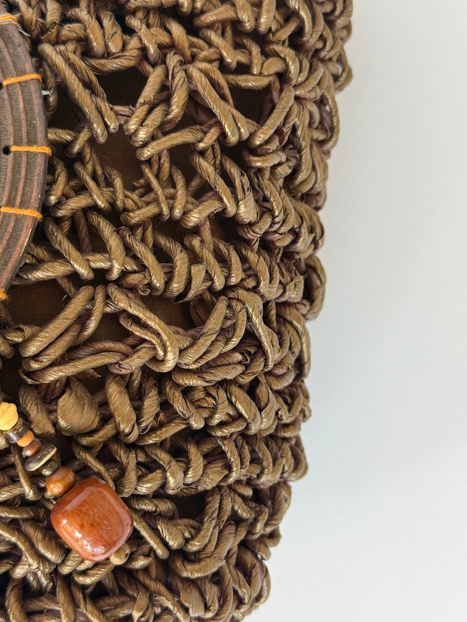 VINTAGE RAFFIA TOTE with beads & seashells brown