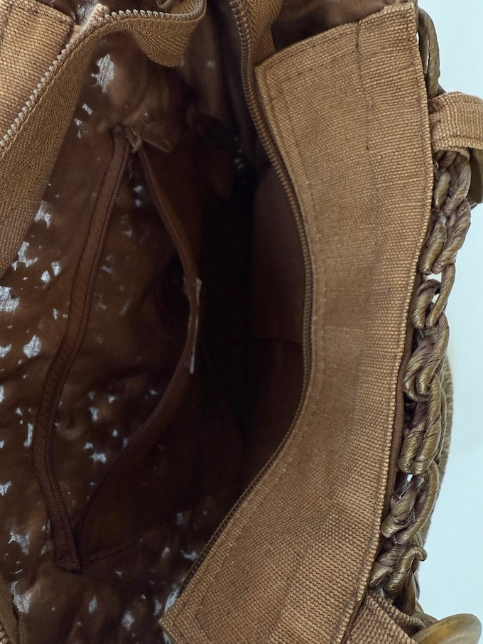 VINTAGE RAFFIA TOTE with beads & seashells brown