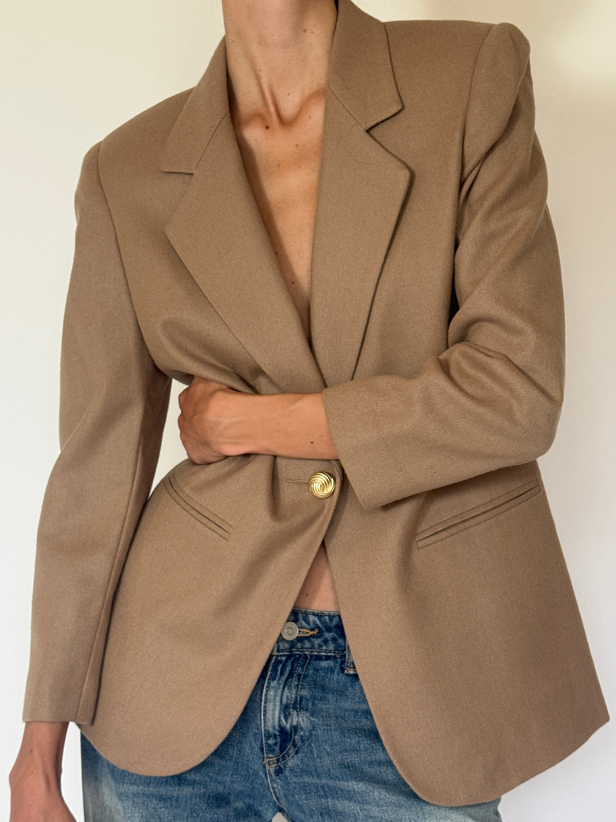 Vintage camel blazer gold-tone swirl button detail