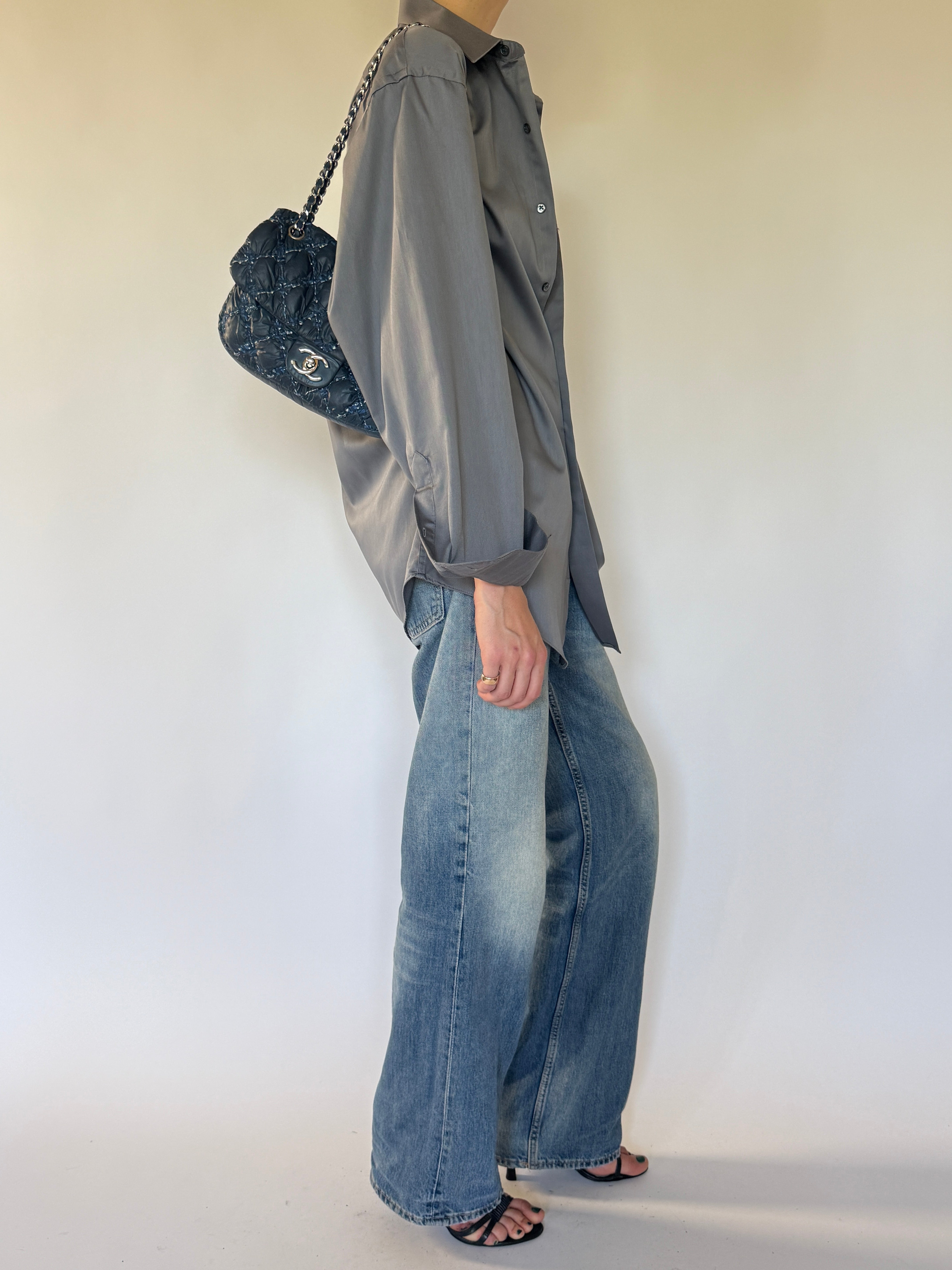 Vintage gray oversized shirt side view with long sleeves